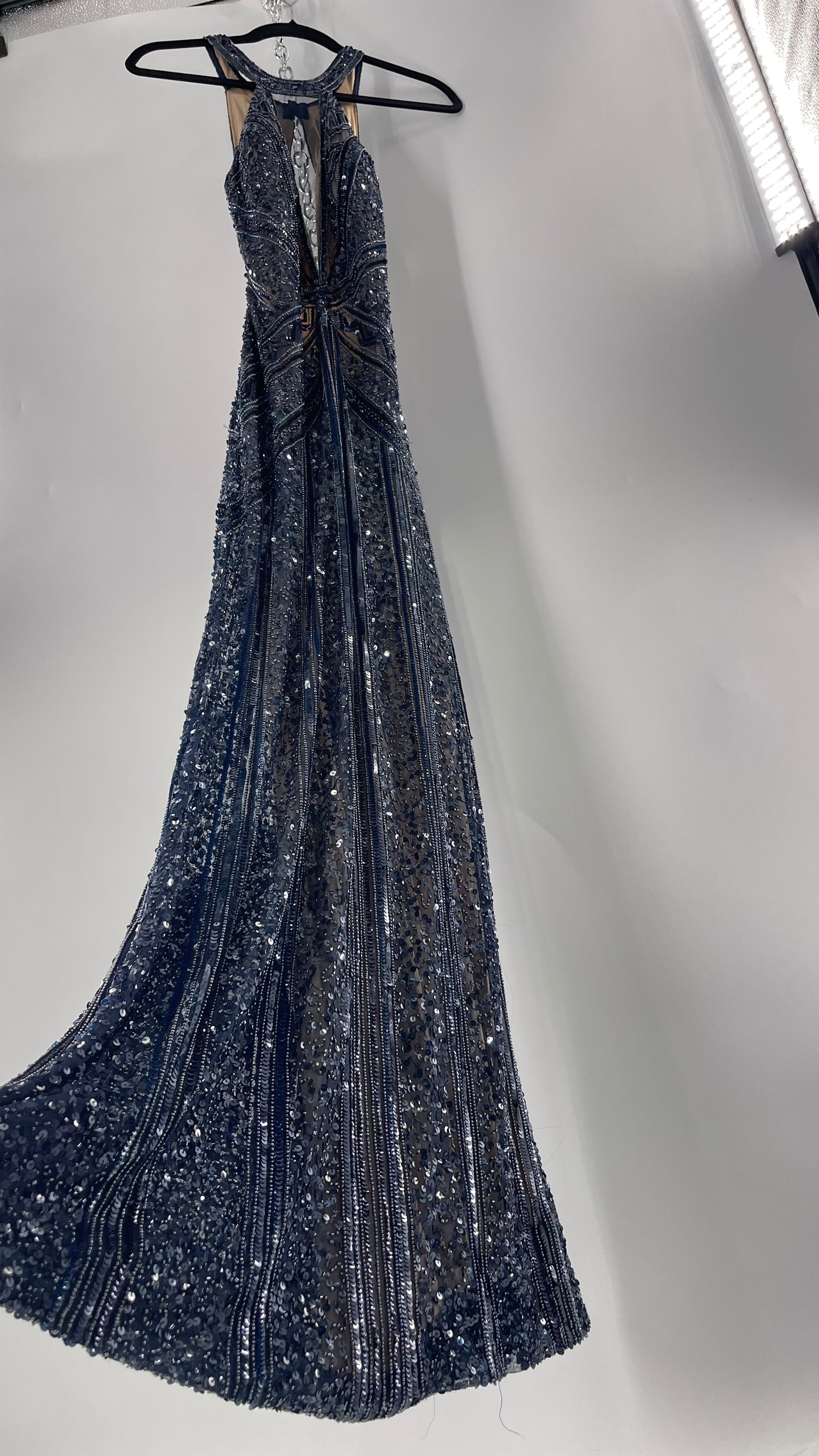 Vintage SCALA Navy Blue Beaded Floor Length Gown with Plunging Neckline, Backless Detail, and Tan Underlay (C)(4)