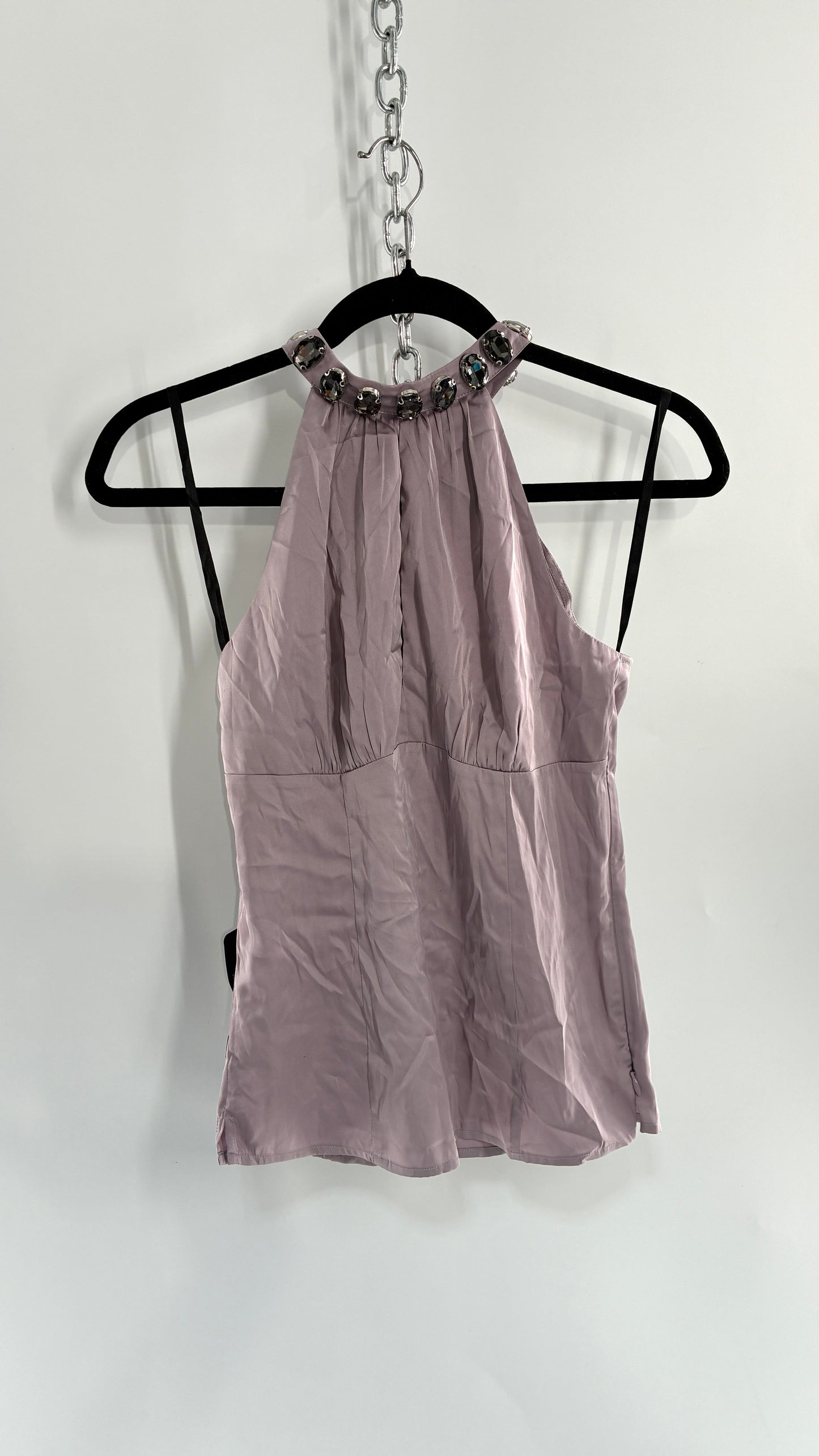 Deadstock Vintage BEBE Silky Dusty Purple Halter with Oversized Rhinestone Choker (XS)
