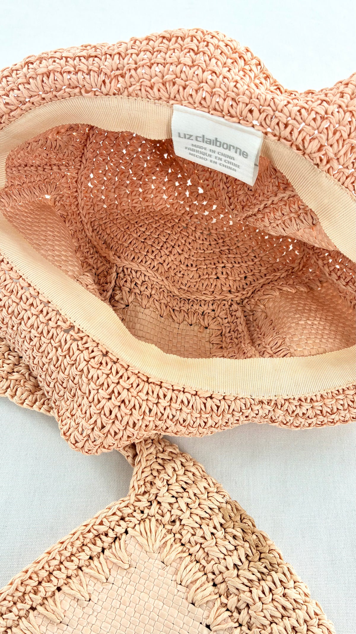 Vintage LIZ CLAIBORNE Natural Woven Shoulder Bag With Textured Border and Matching Sun Hat