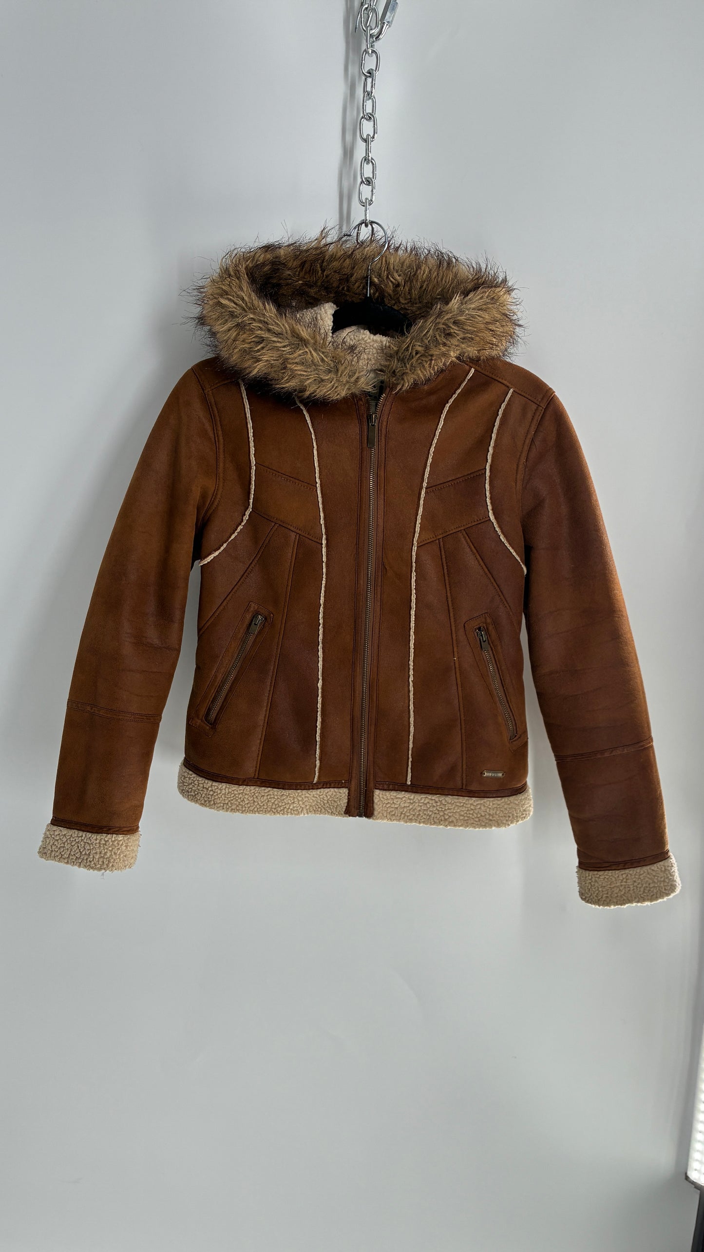 Vintage LEI Vegan Suede Sherpa Jacket with Faux Fur Hood (Small)