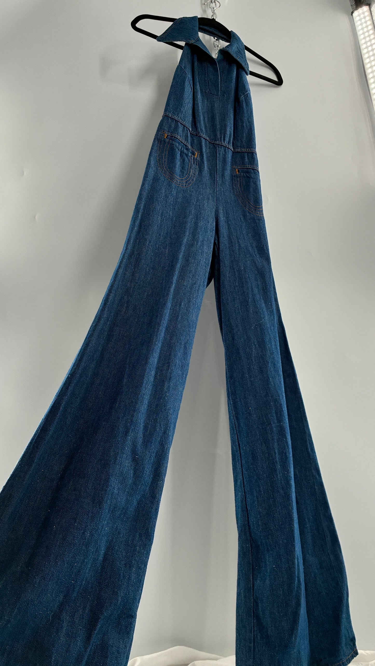 RARE Vintage 1970s Landlubber Medium Wash Denim, Sleeveless Halter, Wide Leg Bell Bottom, Jumpsuit (No Size on Tag, XS)