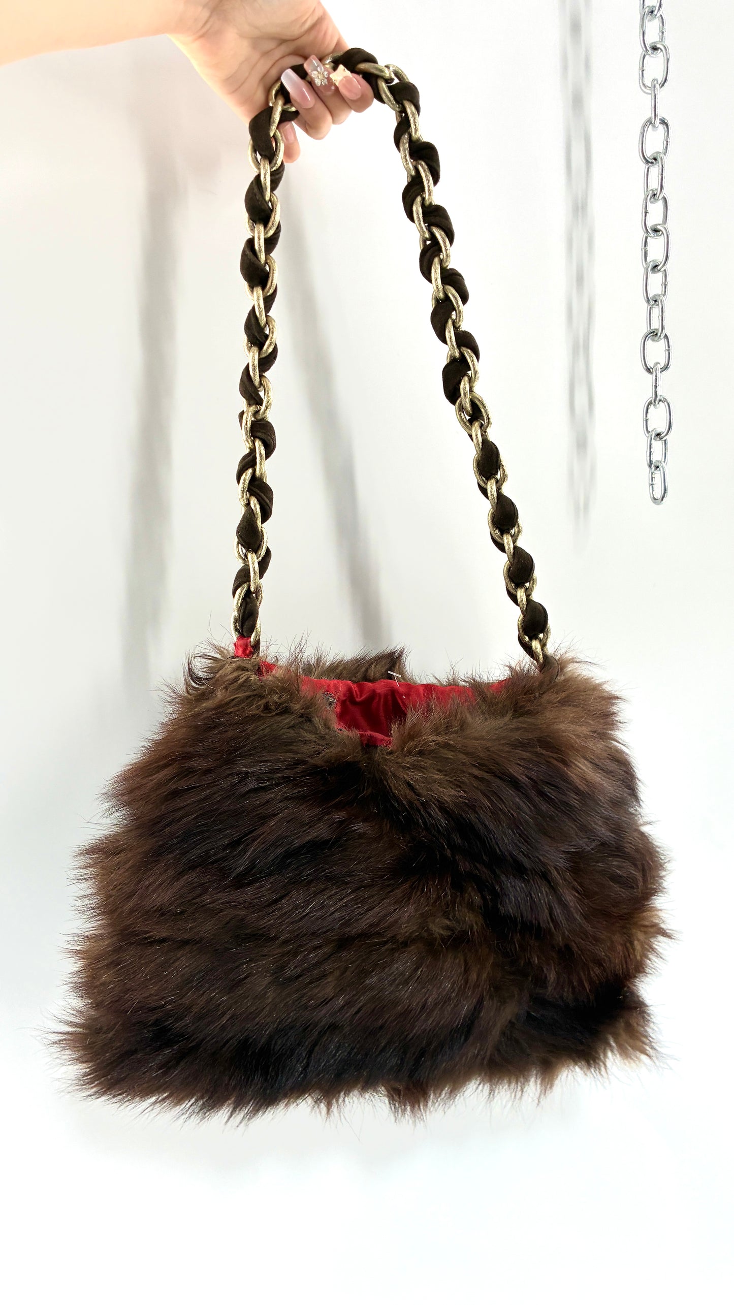 Vintage Handmade Genuine Fur Bag with Heavy Interlaced Gold Chain Strap