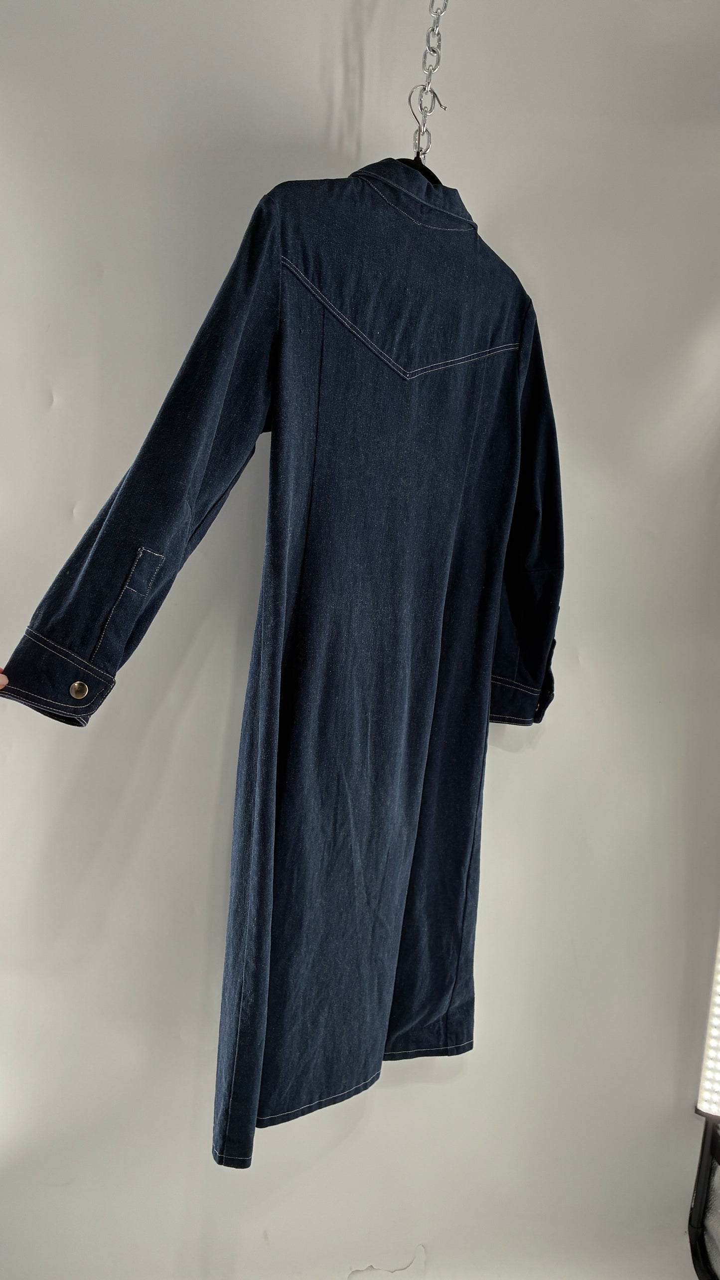 Vintage Dark Wash Denim Long Sleeve Collared Midi Dress with Contrast White Stitching (M/L)