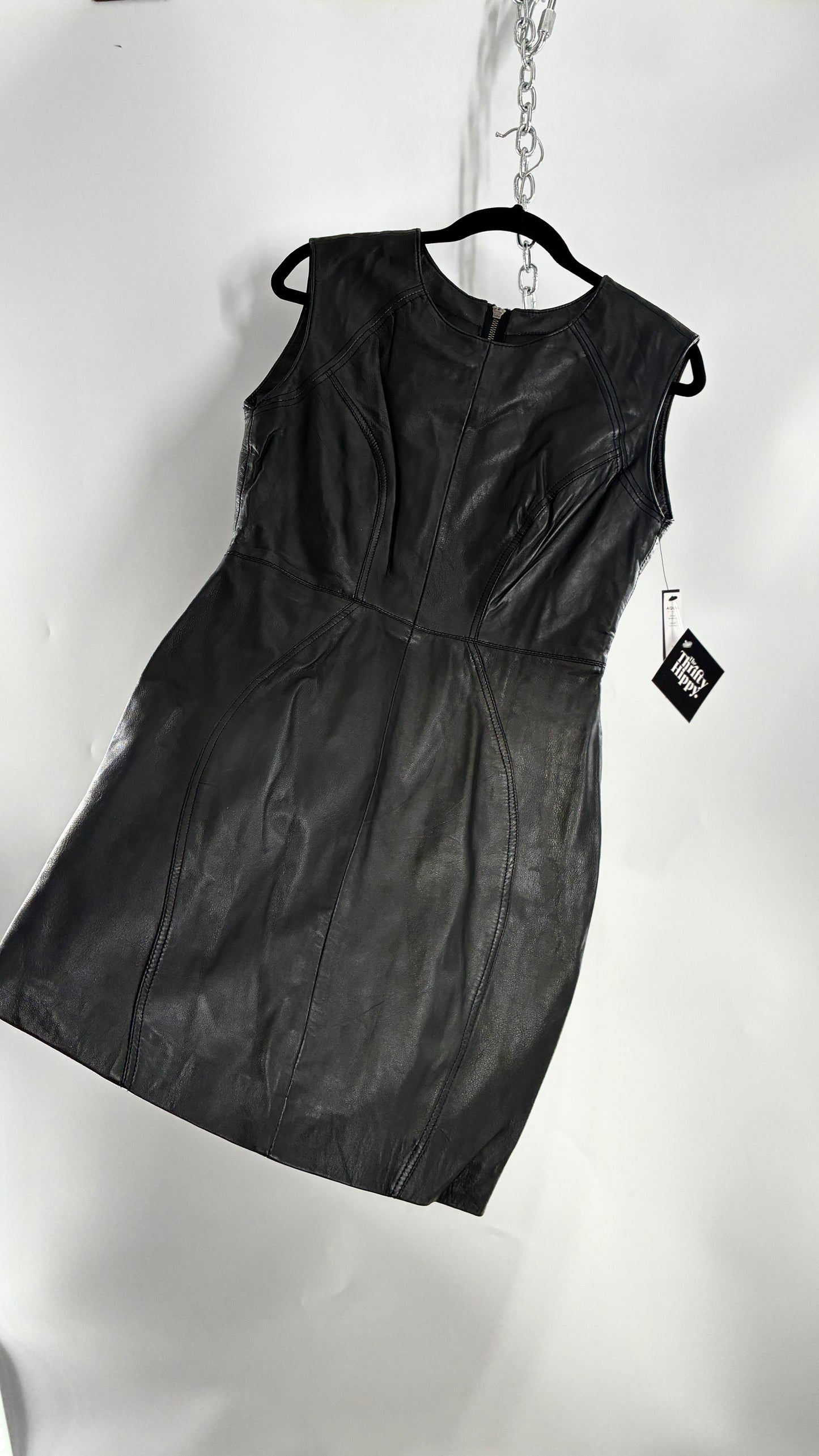 AQUA LUXE Black Leather Bodycon Paneled Dress with Tags Attached (Small)
