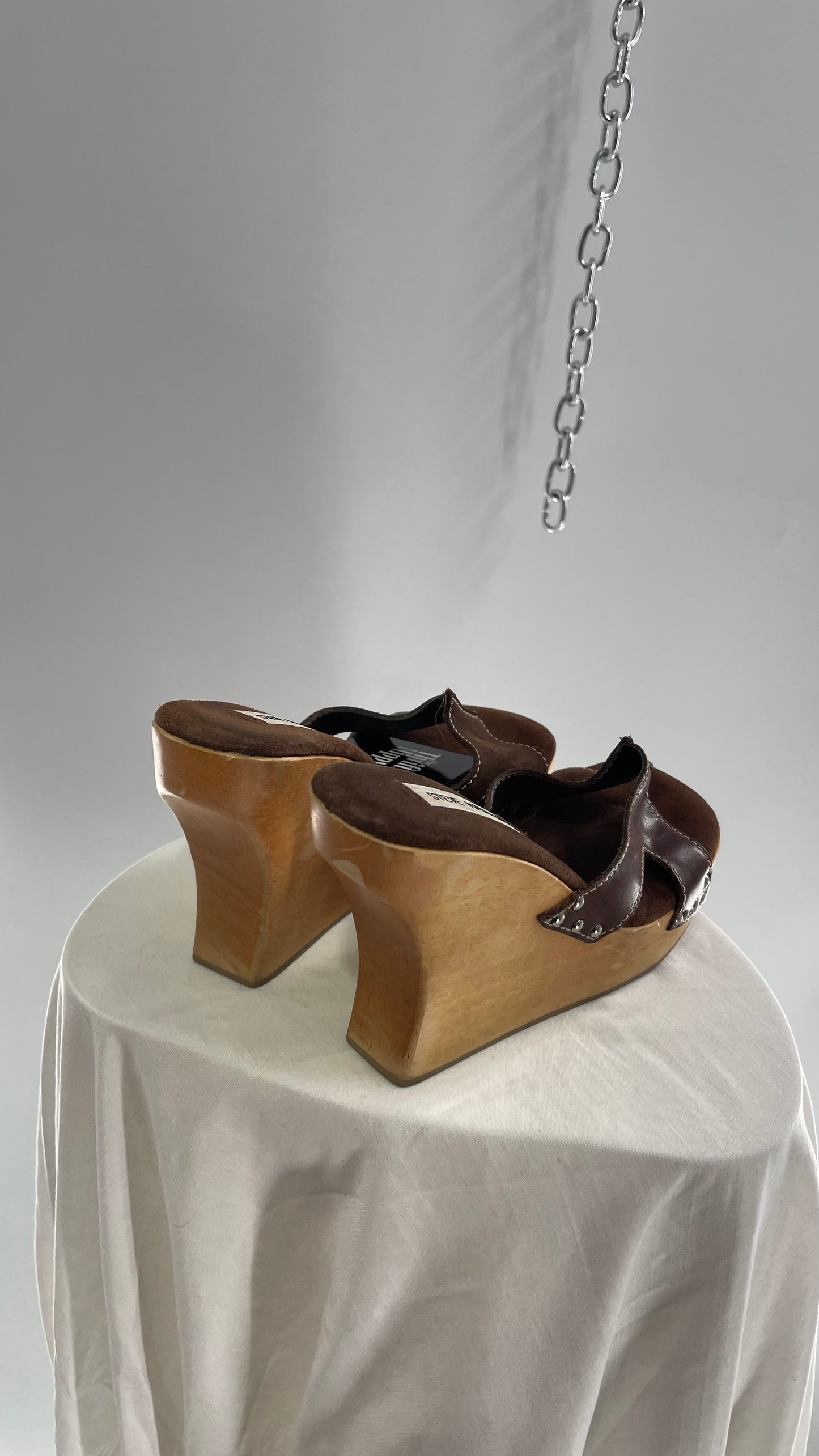 STEVE MADDEN Brown Suede Leather Strappy Wooden Wedge Heel Sandal (10)