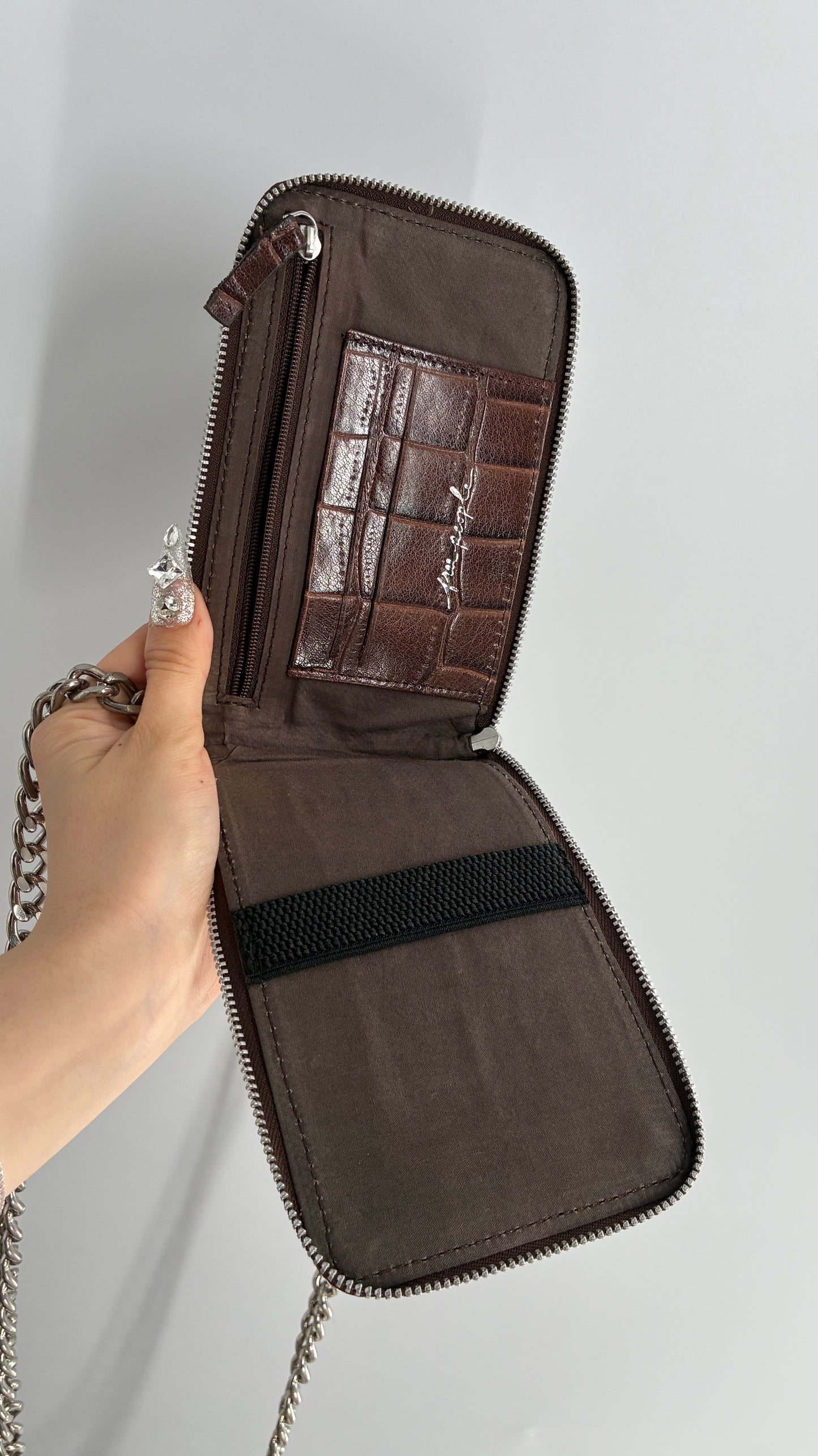 Free People Brown Crocodile Embossed Leather Phone Case Purse