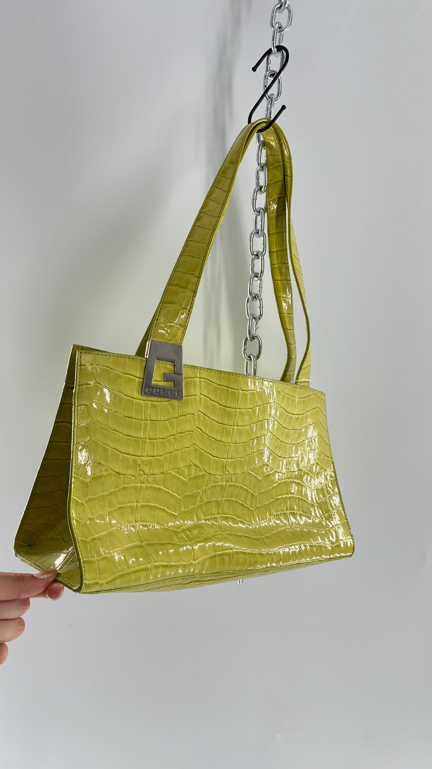 Vintage 1990s GUESS Lime Green Shoulder Purse with Metal Logo Buckle