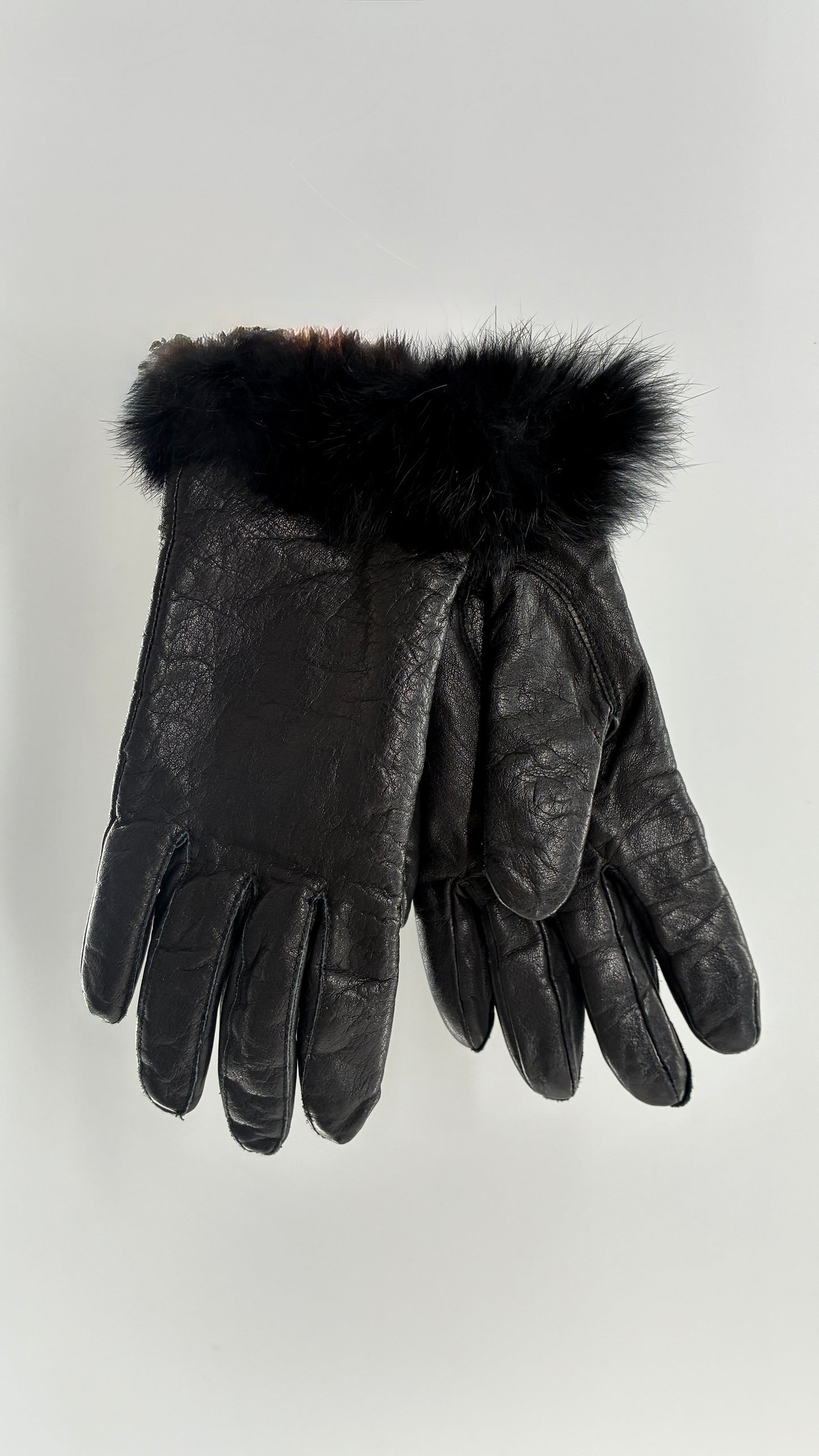 Vintage Black Genuine Leather Gloves with Rabbit Fur Trim