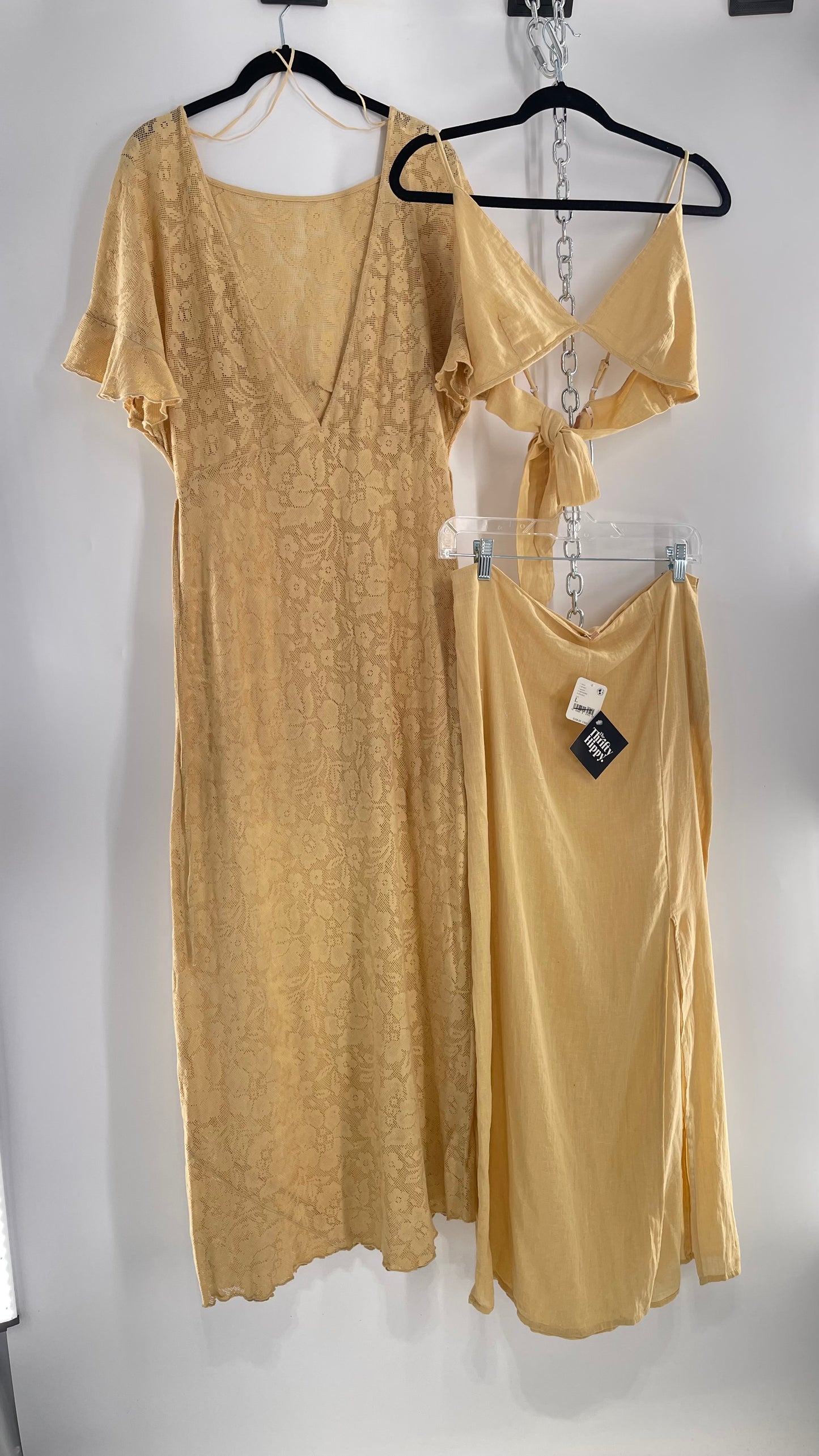 Free People Yellow Lace Gauze Maxi Dress Set with Bralette and Side Grommet Skirt (Large)