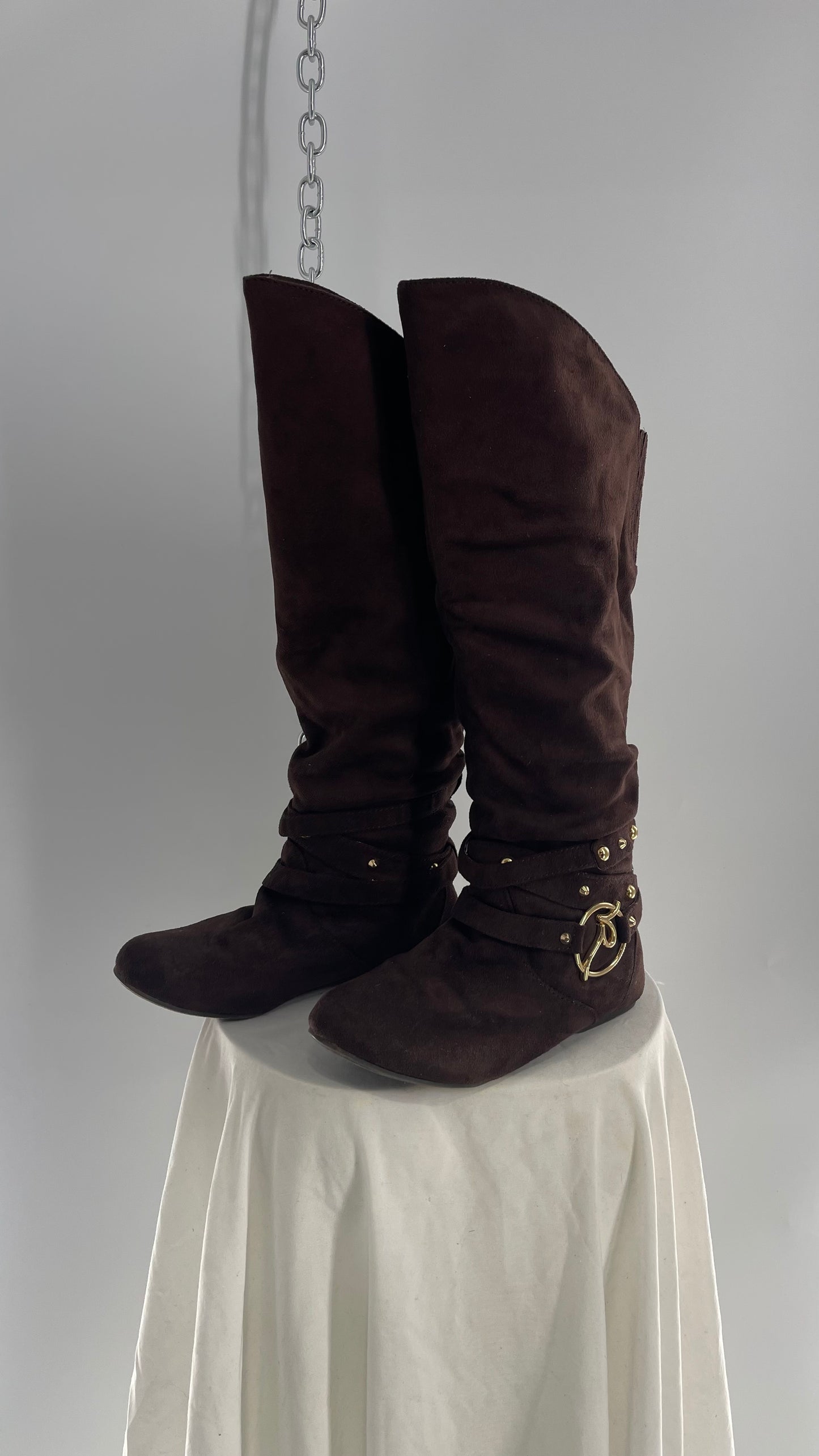 Vintage ROCAWEAR 2000s Brown Strappy, Studded, Slouchy Boots with Gold Logo Hardware (7)