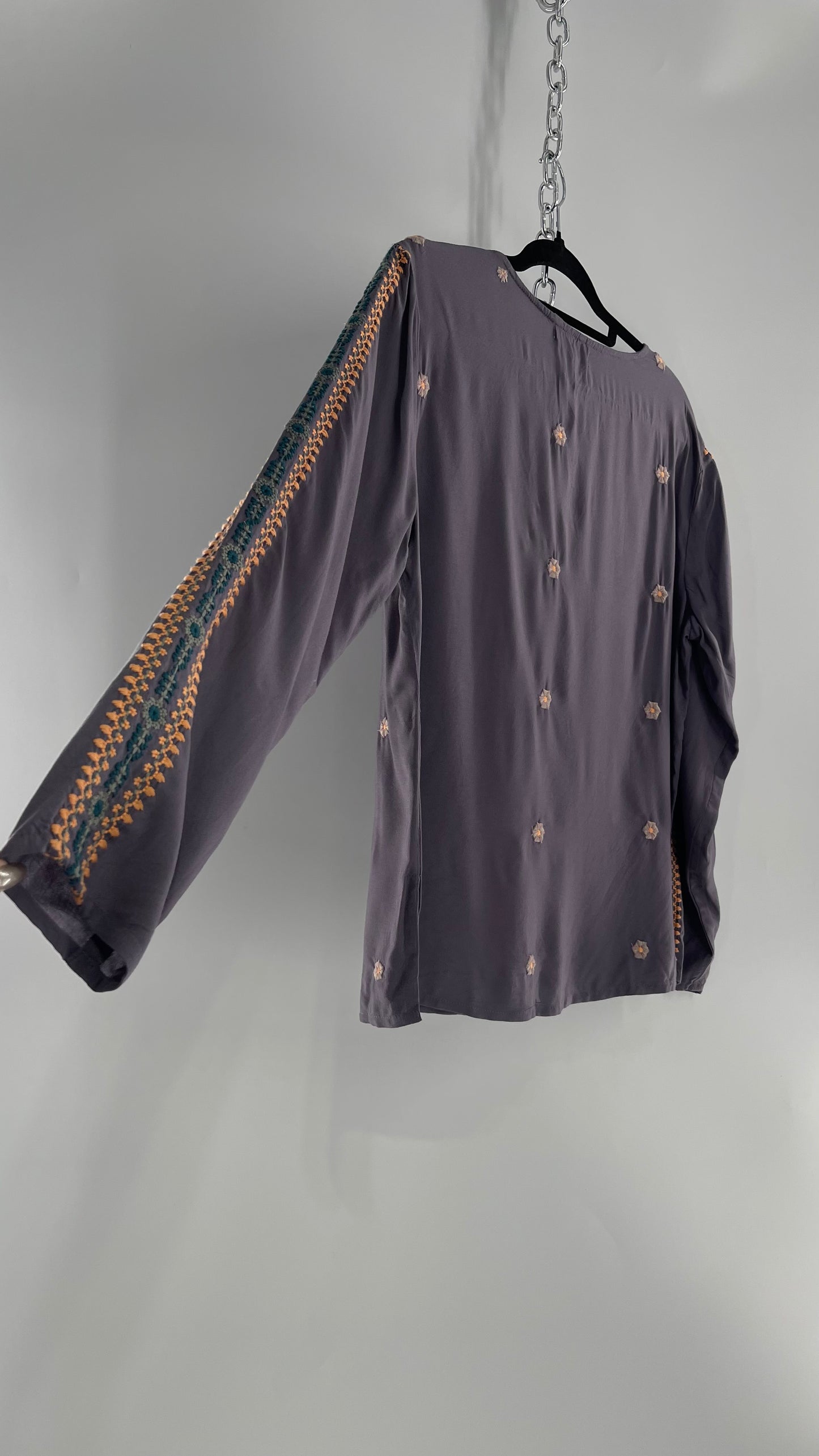 Anthropologie Solitaire Dusty Gray/Purple Embroidered Tunic Blouse (Medium)