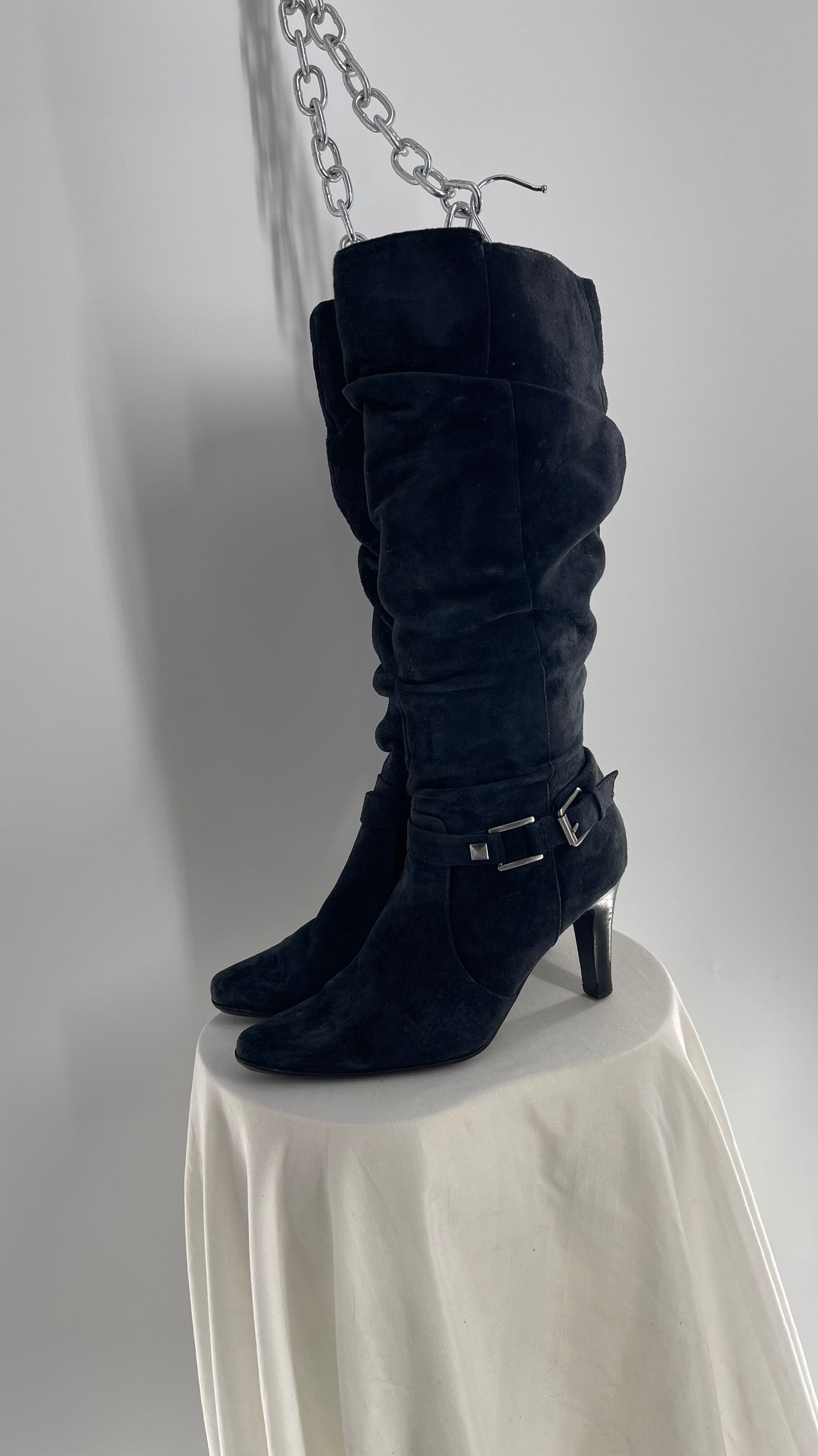 Vintage White Mountain Black Stacked Knee High Heel Boots with Ankle Stud and Buckle (7.5)