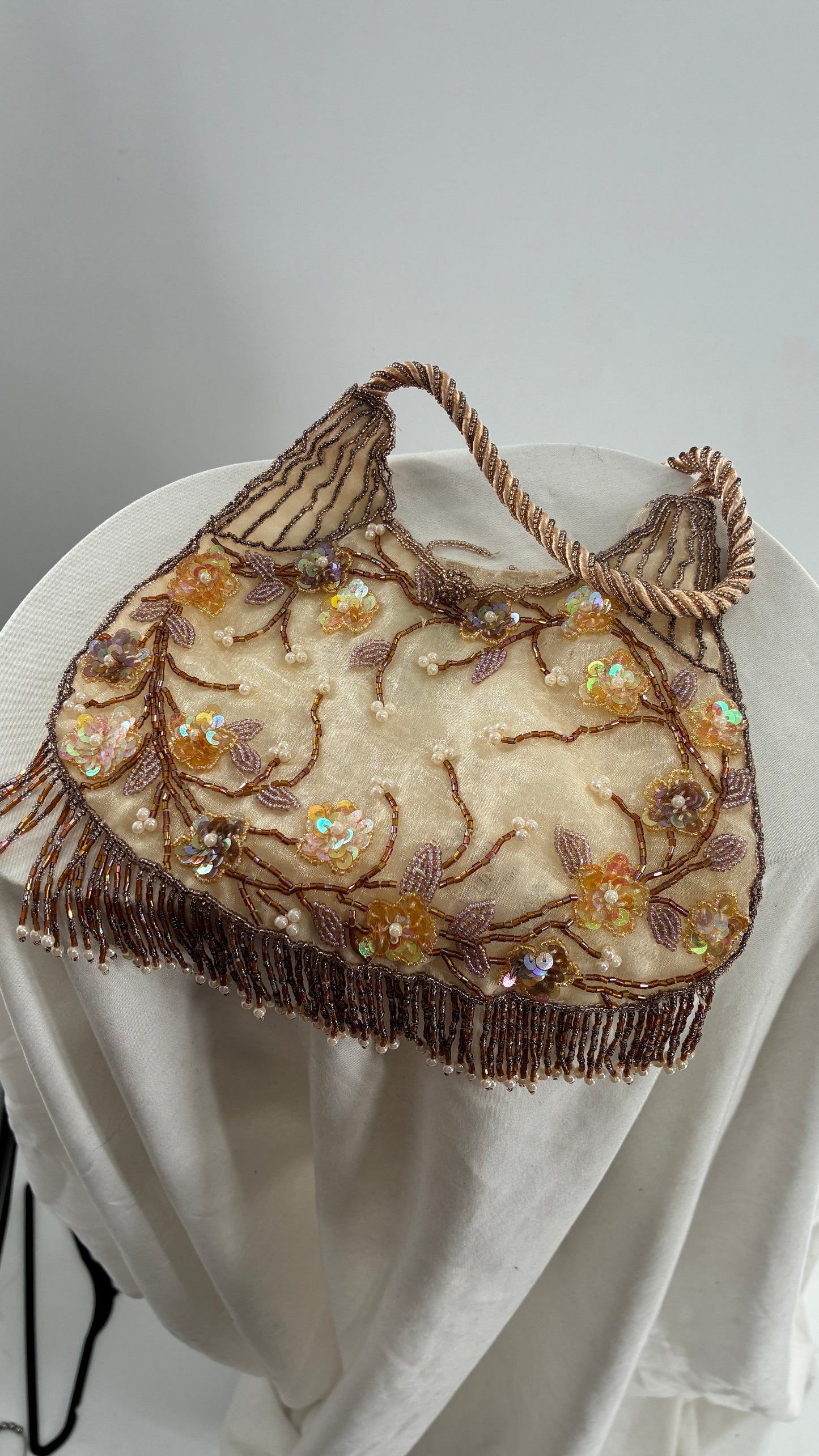 Vintage Deadstock Beige Beaded Fringe Purse with Embroidered Beaded Florals