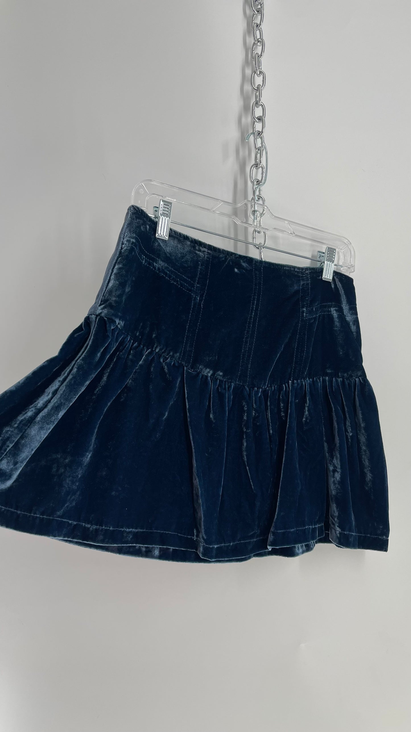 Free People Blue Pleated Hem Velour Mini Skirt (29)