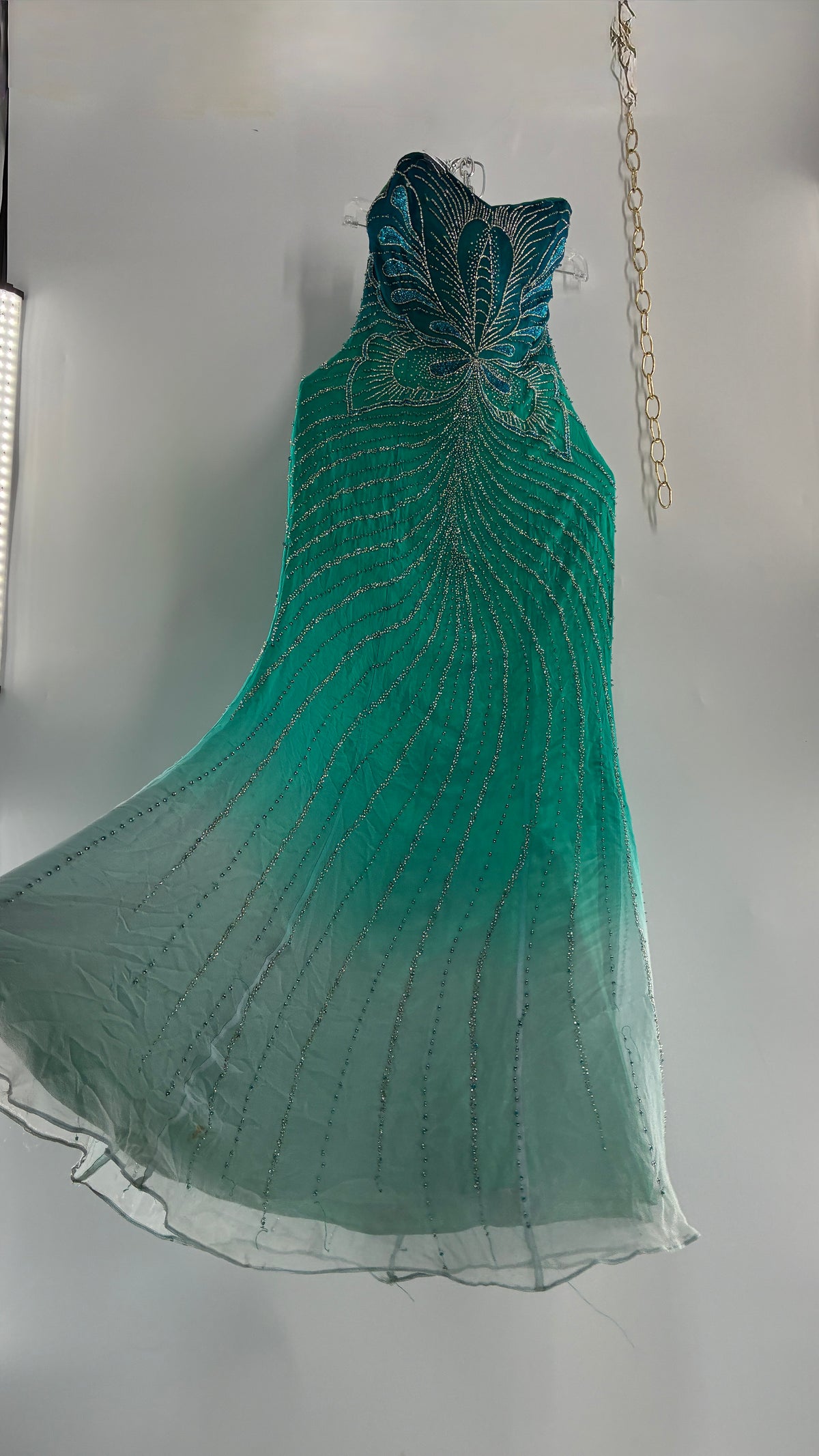 Vintage 1990s STUDIO17 100% Fully Beaded Silk Aquamarine Butterfly Dress (8)