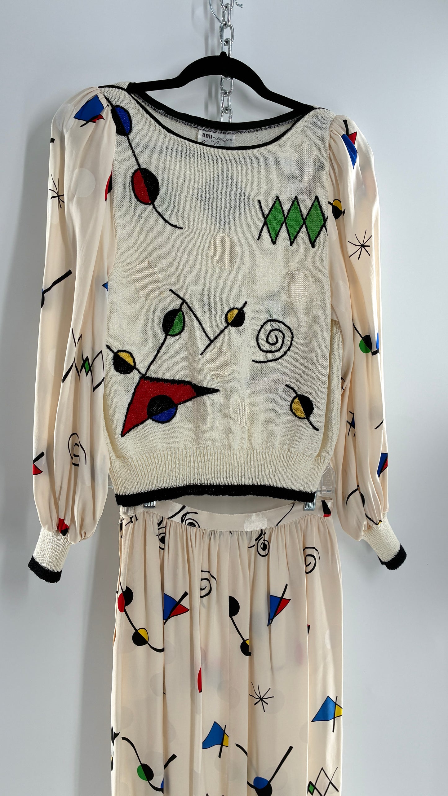 Vintage 1980s UMI collections by Anne Crimmins Off White 2 Piece Set with Abstract Embroidered Designs and 100% Silk Polka Dot Print Skirt (Medium Sweater, 8 Skirt)