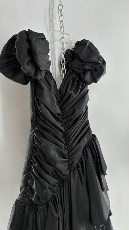 Vintage 1980s Black Gown with Ruched Bodice, Exaggerated Puff Sleeves, and Tiered Skirt (Measured)