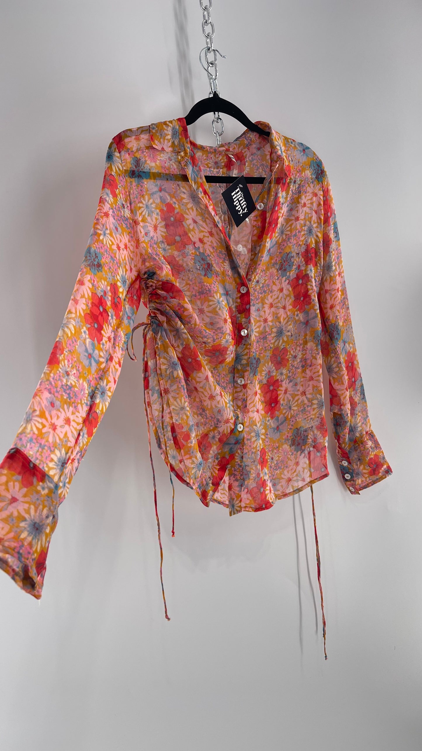 Free People Sheer Orange Floral Button Up with Ruched Sides (XS)