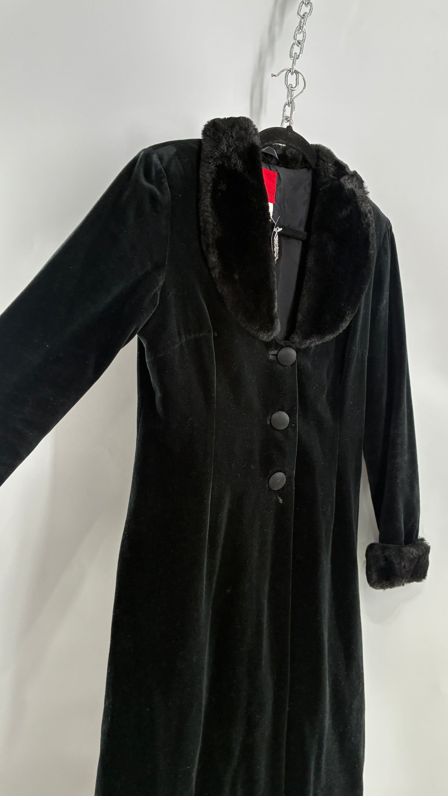 Vintage JS Collection Velour Duster Coat with Deep Neckline, Vegan Fur Collar and Cuffs (Large)