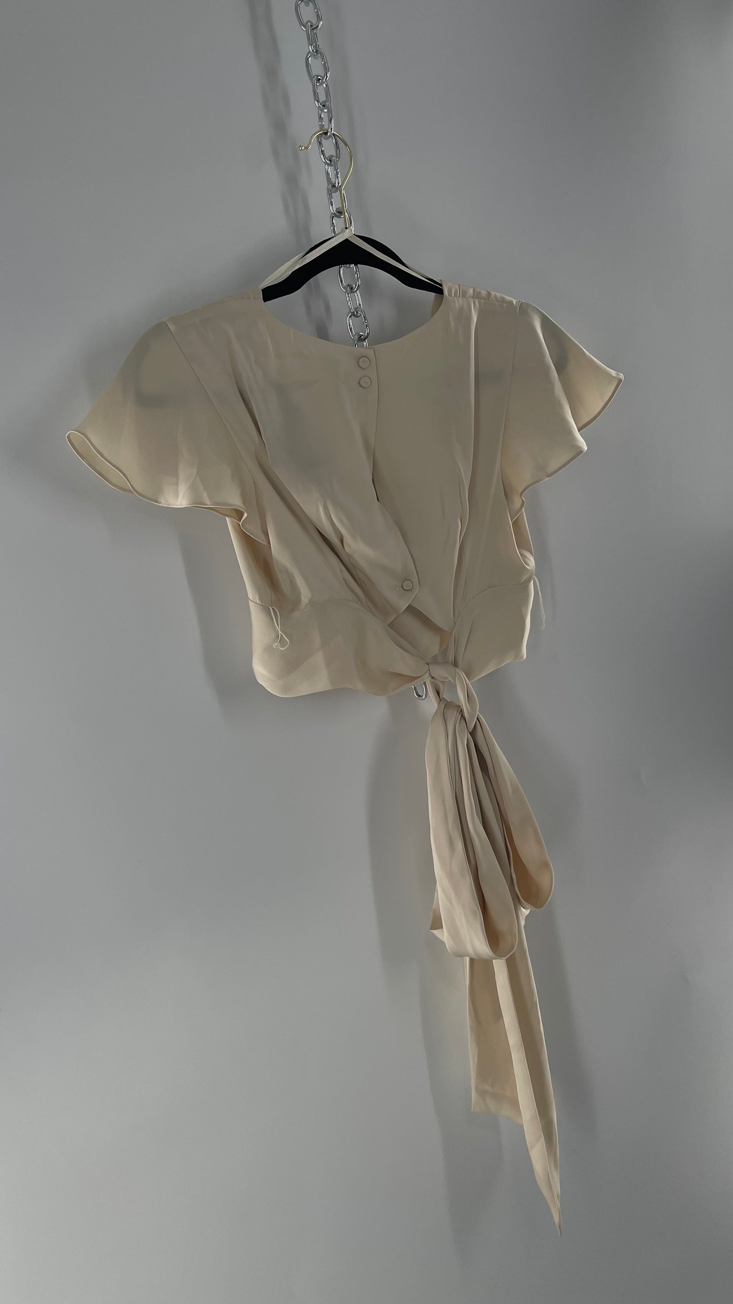 BCBGMAXAZRIA Off White Ivory Satin Tie Around Waist Cropped Blouse with Button Back and Tags Attached (XXS)