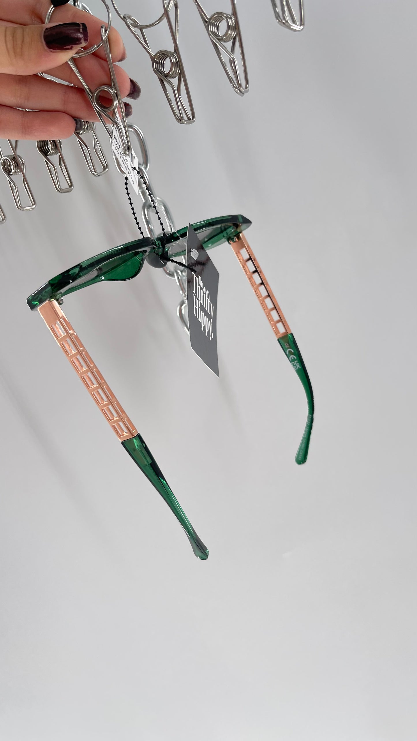 Green Rectangle Sunglasses with Gold Chain