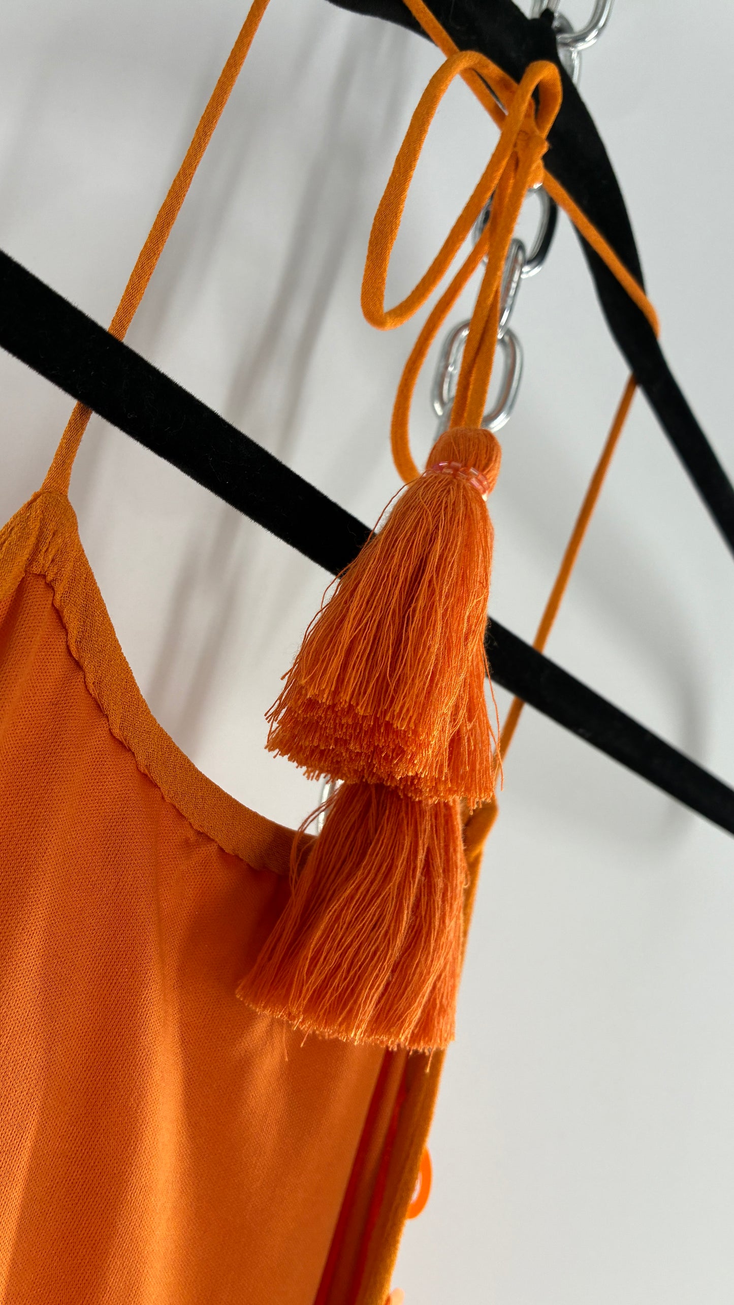 X by NBD Orange Backless Halter Mini Dress with Scalloped Hem, Covered in Beads and Sequins (Medium)