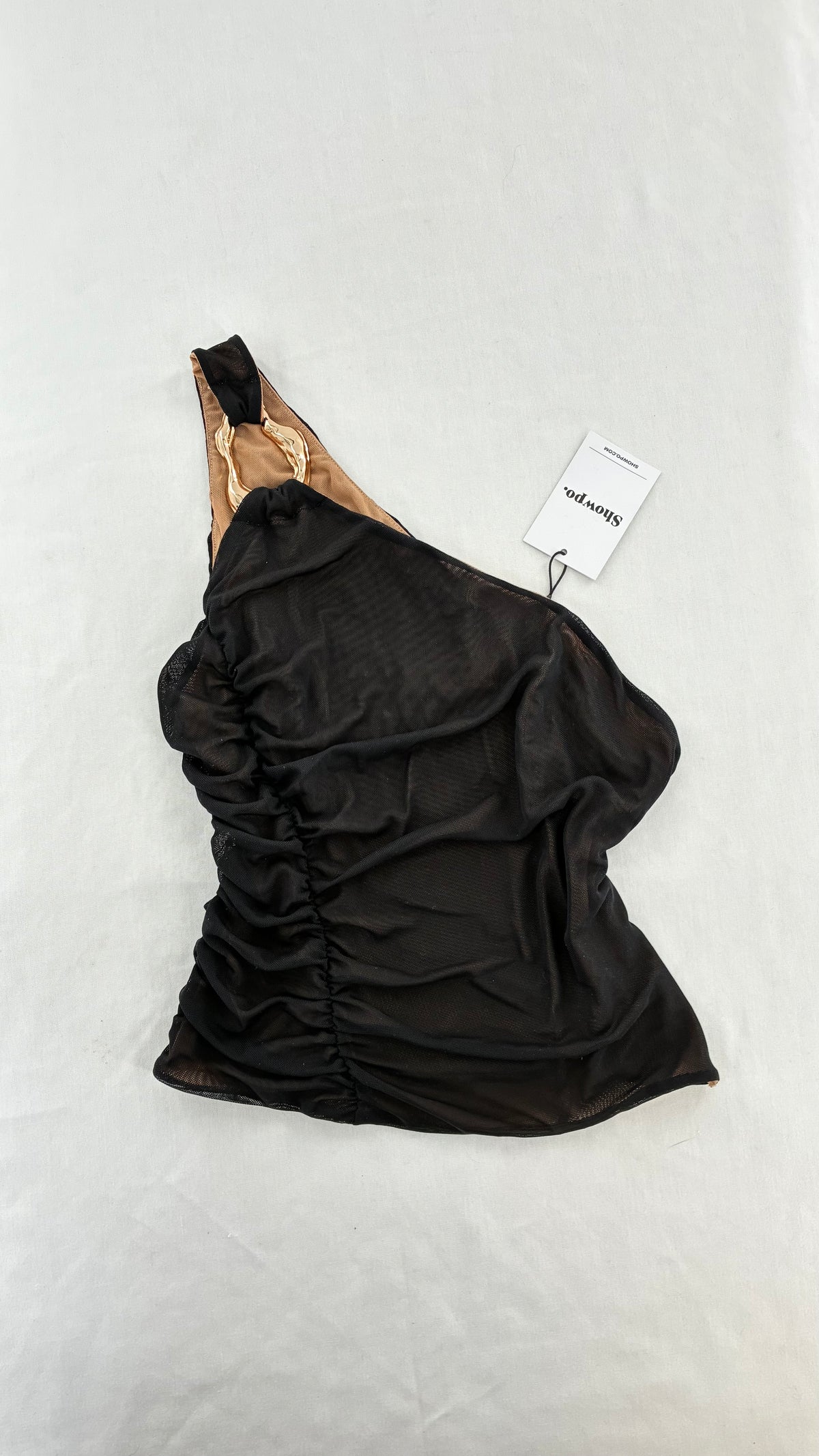 SHOWPO Ruched Nude Underlay Black Mesh One Shoulder Blouse with Tags (4)