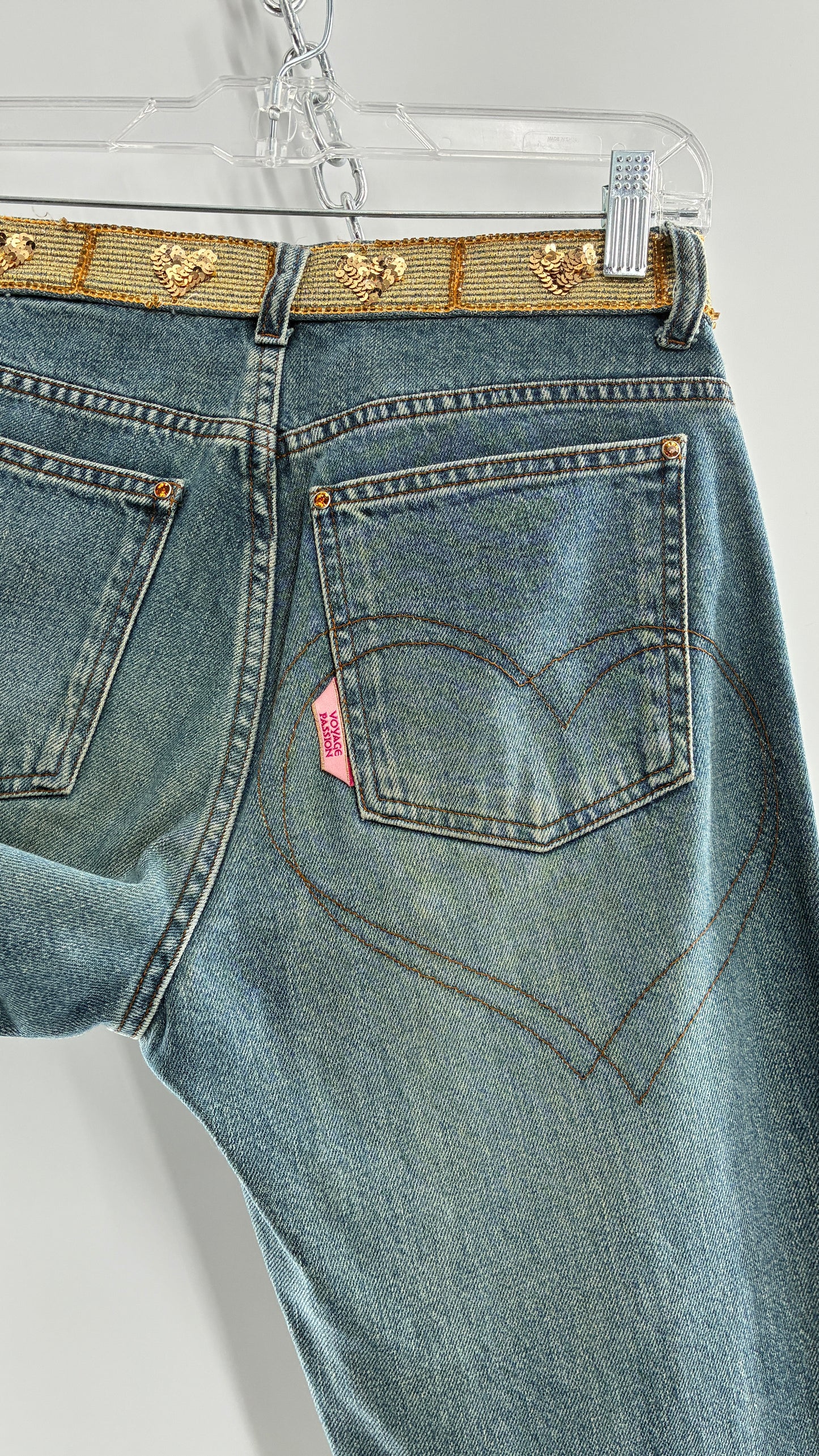 Vintage VOYAGE PASSION Kick Flare Light Wash Jeans with Heart Embroidered Bum and Gold Sequin Belt (28)