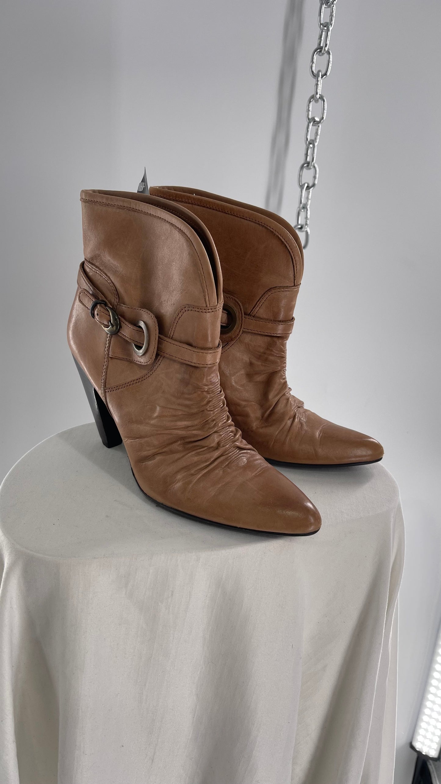 Vintage Pointed Toe Booties with Ruching and Belt Detail Made in Brazil