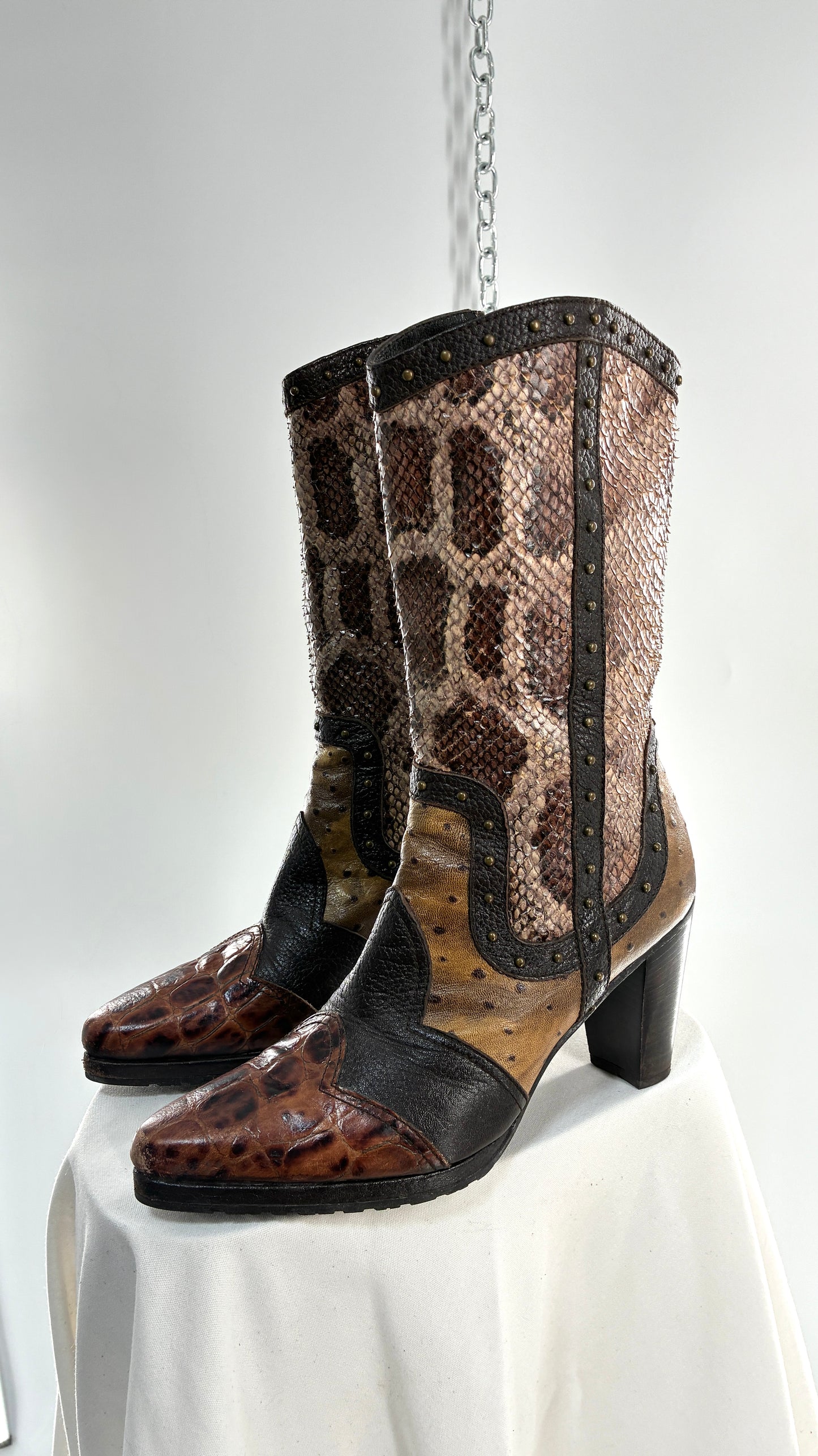 Vintage STUART WEITZMAN Stampede Boots Ft Snake, Crocodile and Ostrich Embossed Leather (8.5)