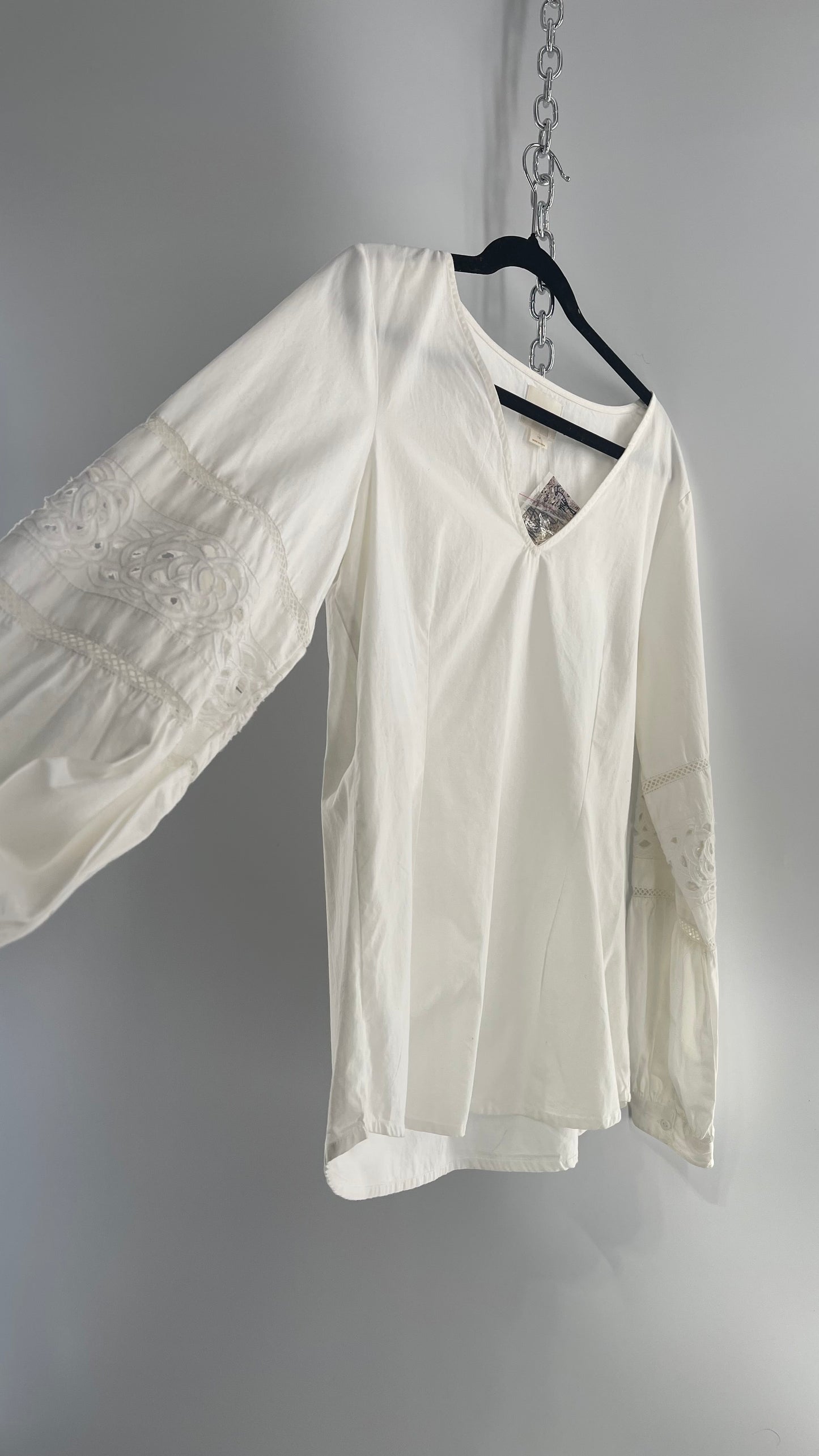 Maeve Anthropologie White 100% Cotton Blouse with Balloon Sleeves, Eyelet Lace, and Armpit Zipper (12)