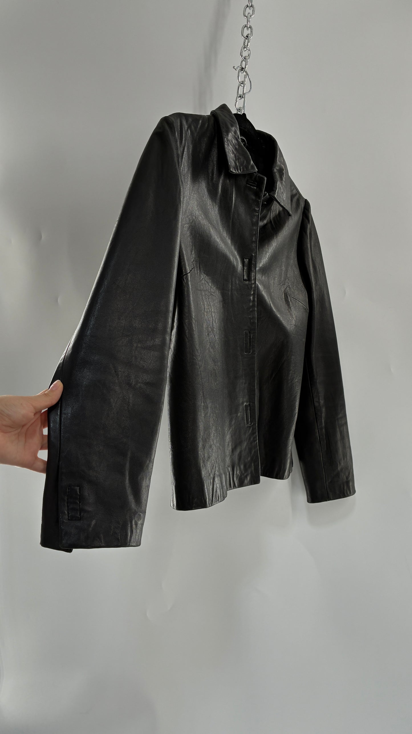 Vintage INC 1990s Black Genuine Ultra Soft Leather Collared Jacket with Velcro Closure Never Worn (Medium)