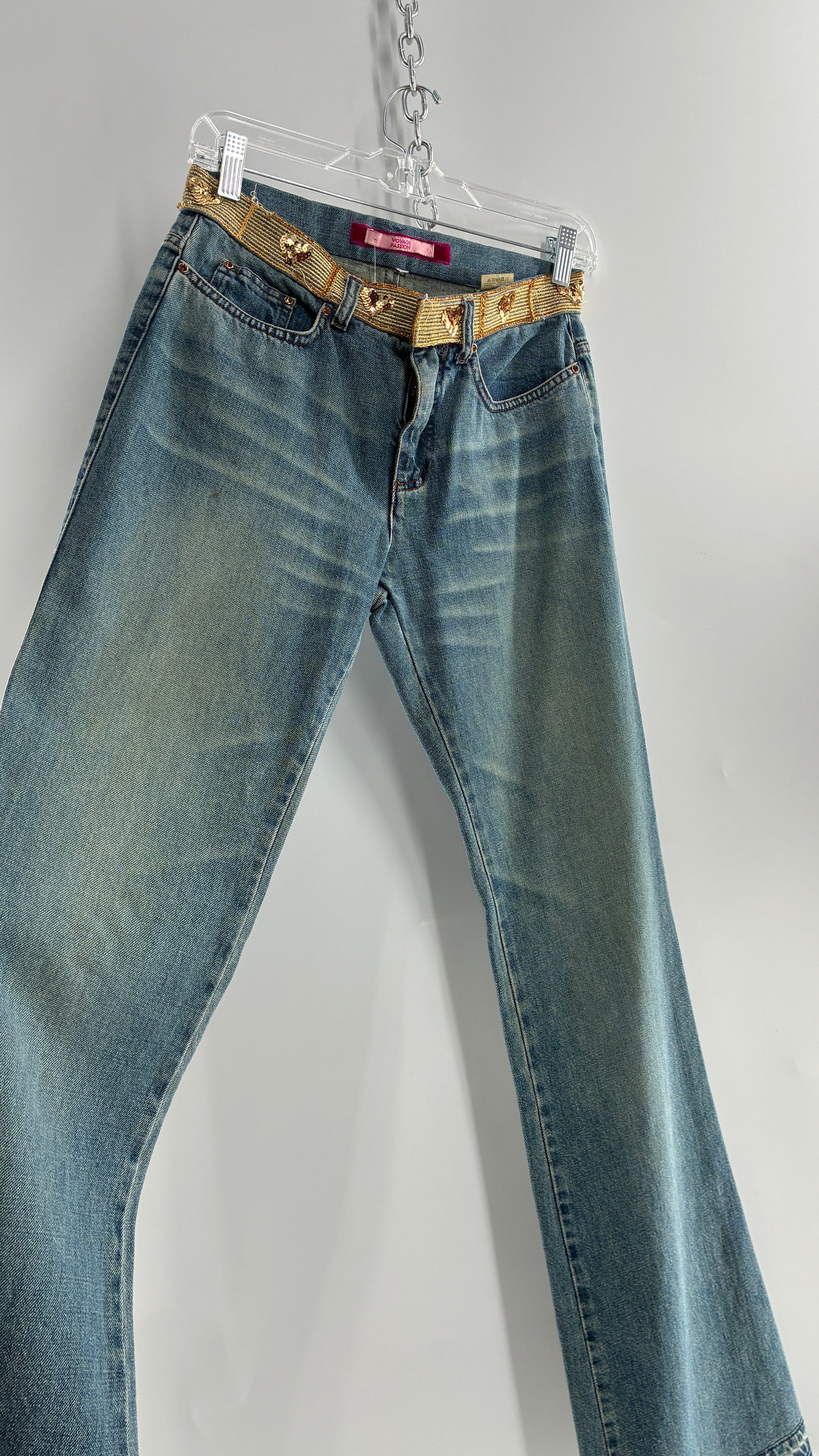 Vintage VOYAGE PASSION Kick Flare Light Wash Jeans with Heart Embroidered Bum and Gold Sequin Belt (28)