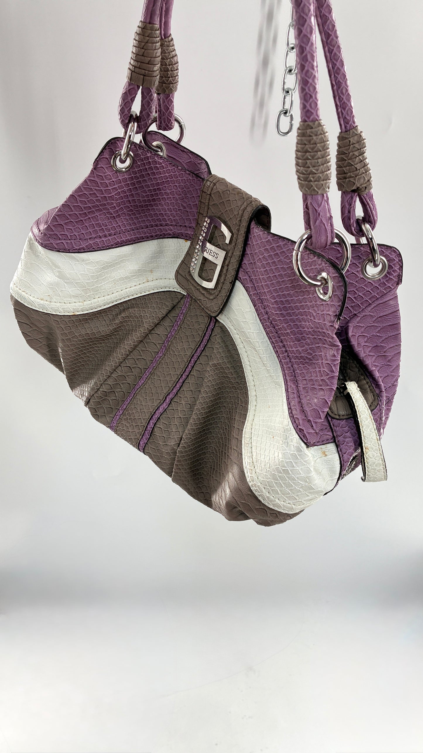 Vintage GUESS Snake Embossed Purple Purse with Oversized Logo Hardware