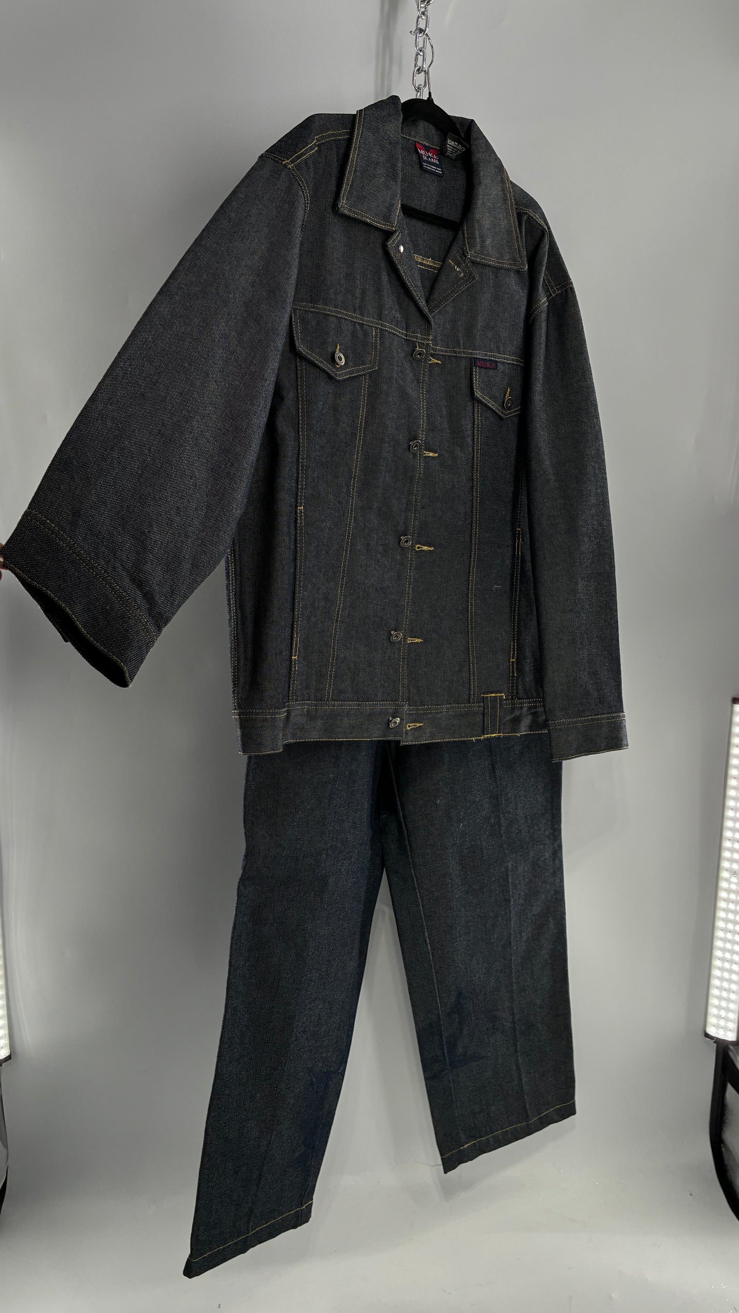 Vintage 1990s MU:KA: JEANS Men’s Dark Wash Japanese Style Denim Baggy Straight Legs and Oversized Jacket Set (L, 32x32)