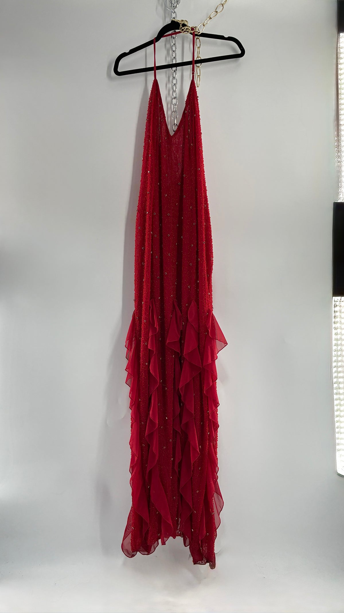 OH POLLY Red Beaded Gown with Ruffled Detailing NWOT (14)