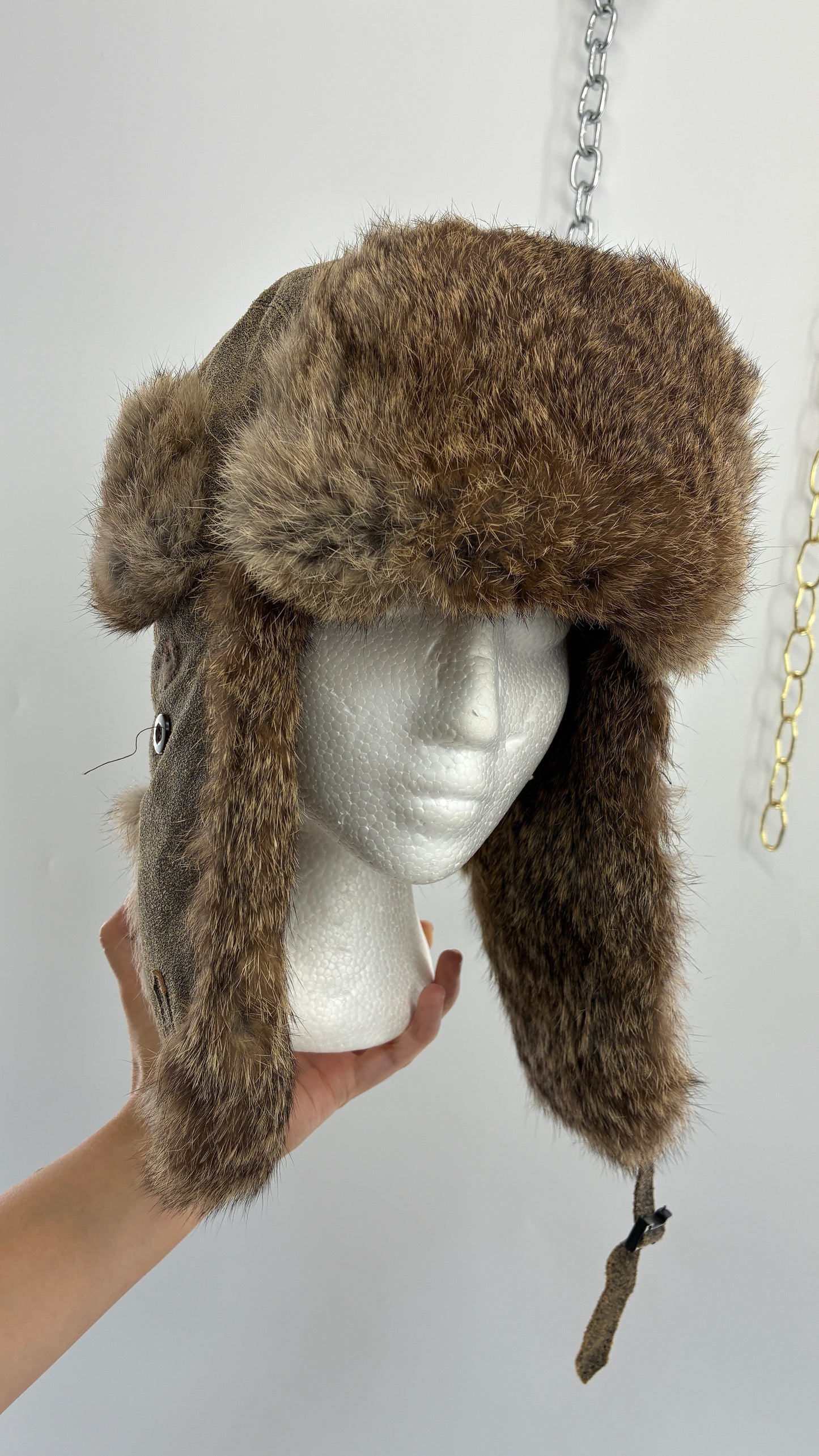 Vintage YUKON CHARLIE Genuine Leather Aviator Trapper Hat with Rabbit Fur Lining