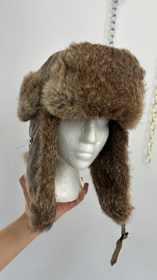 Vintage YUKON CHARLIE Genuine Leather Aviator Trapper Hat with Rabbit Fur Lining