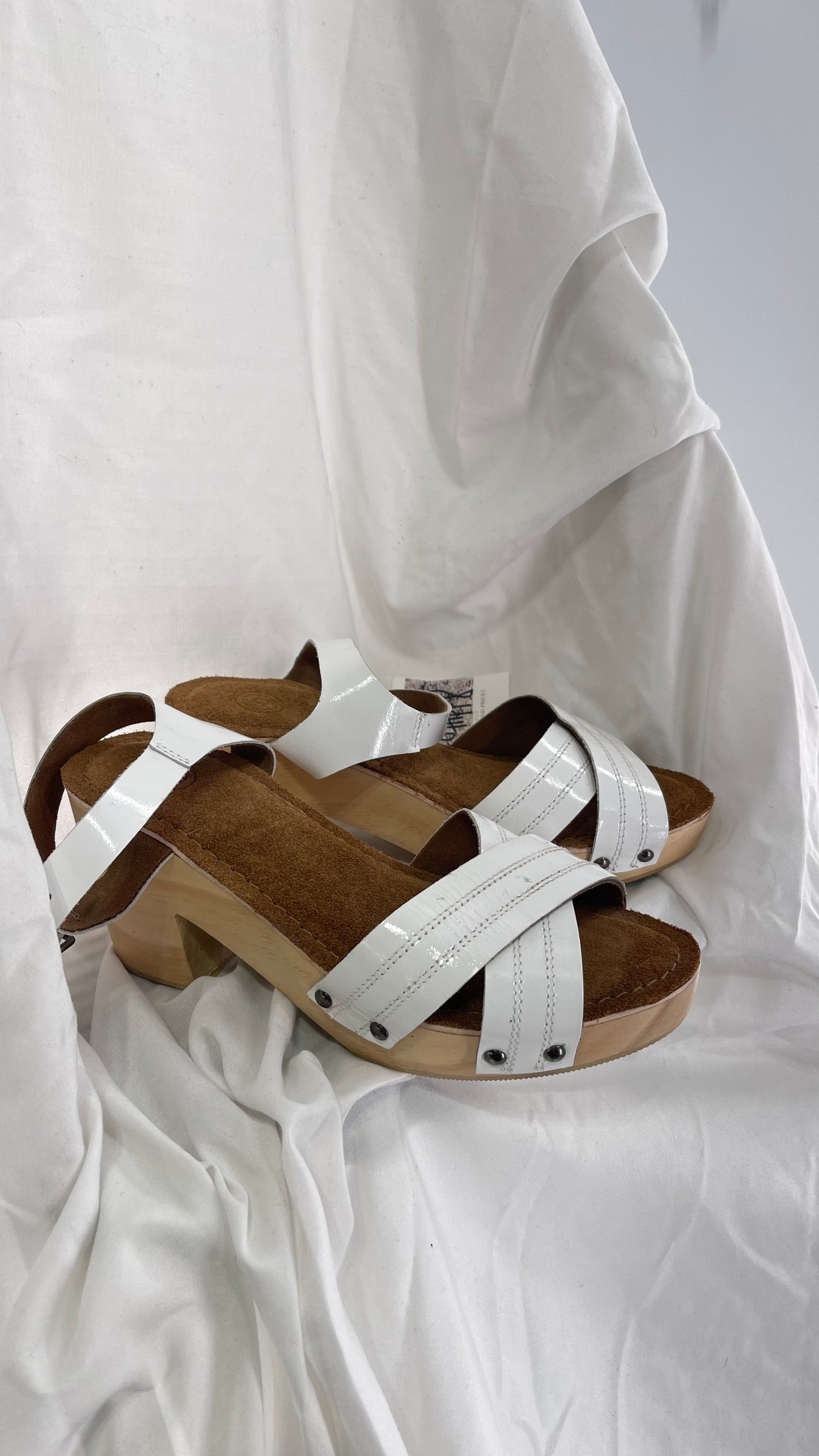 Urban Outfitters White Patent Clogs with Wooden Heel (6)