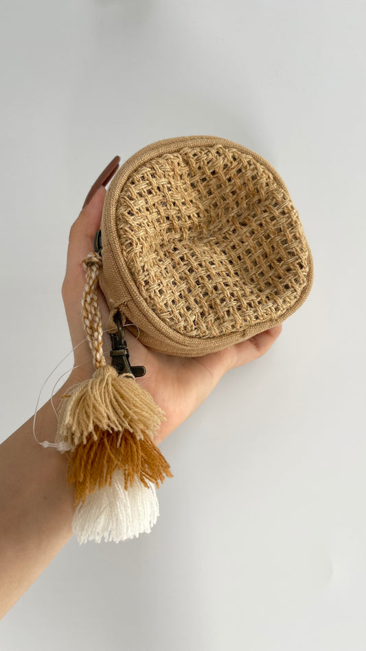 Free People Tan Woven Round Coin Purse with Tassel Keychain