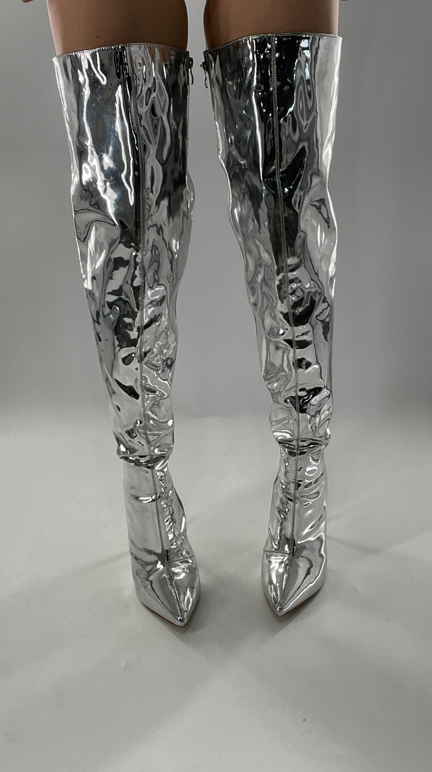 Vintage Chrome Platinum Mirrored Thigh High Molten Metal Sky High Boots Space Cadet/Concert (7)