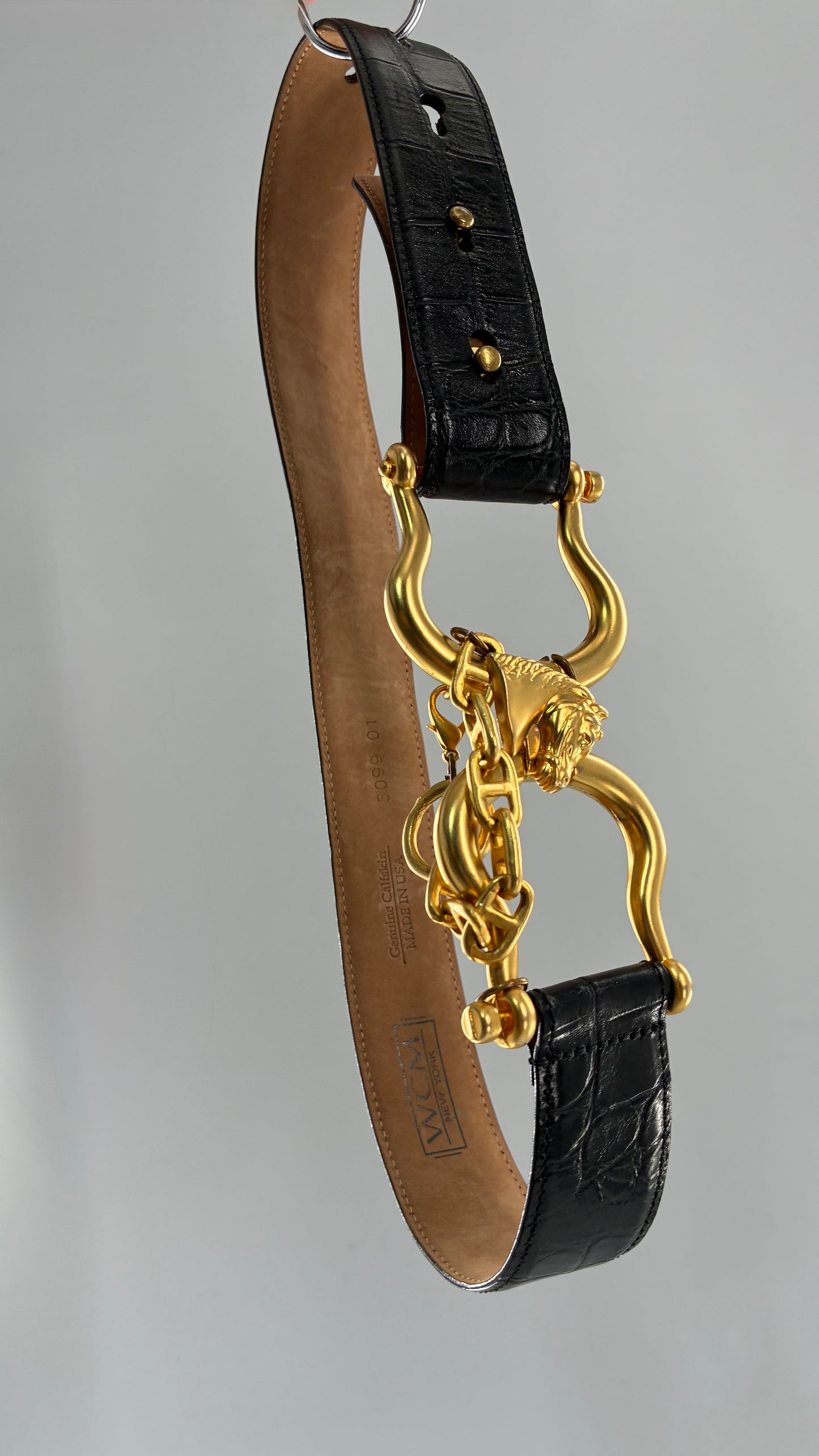 Vintage WCM New York Genuine Calfskin Belt with Golden Sculptural Horse Head Door-Knocker Buckle and Chain Detail  (Medium)