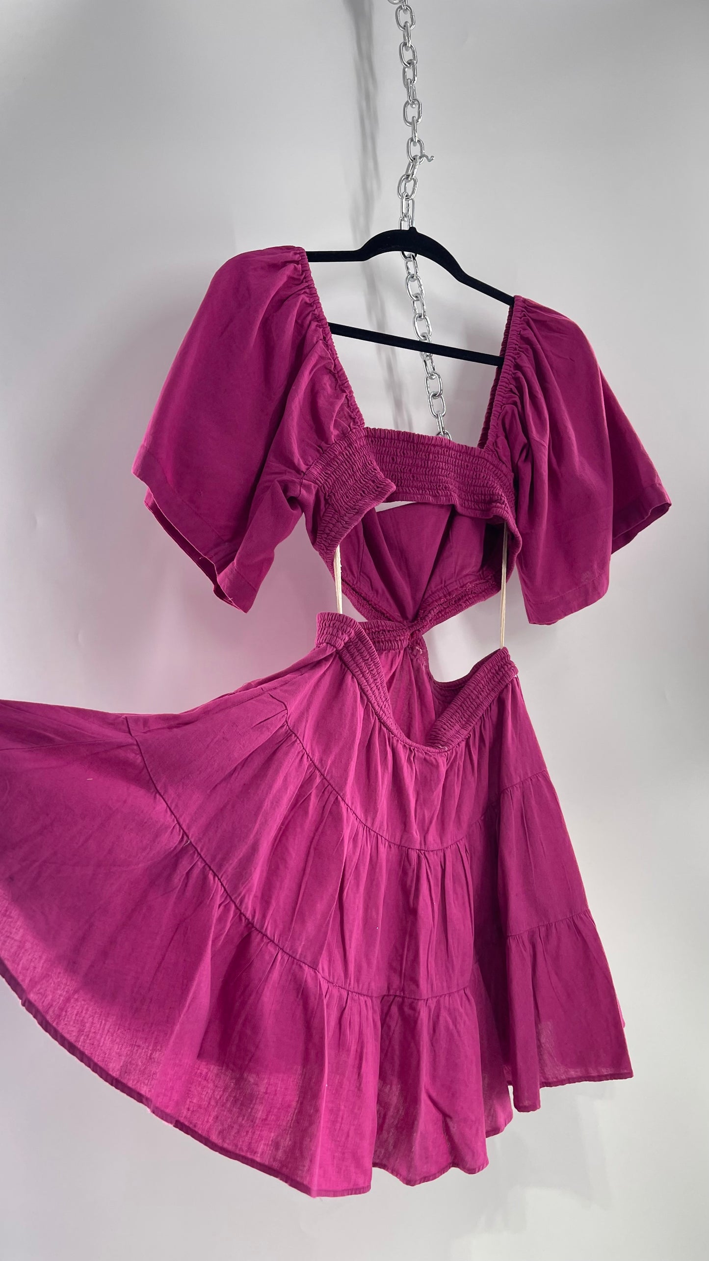 Free People Mauve Fuchsia Cotton/Linen Cut Out Sides Open Back Mini Dress (Small)