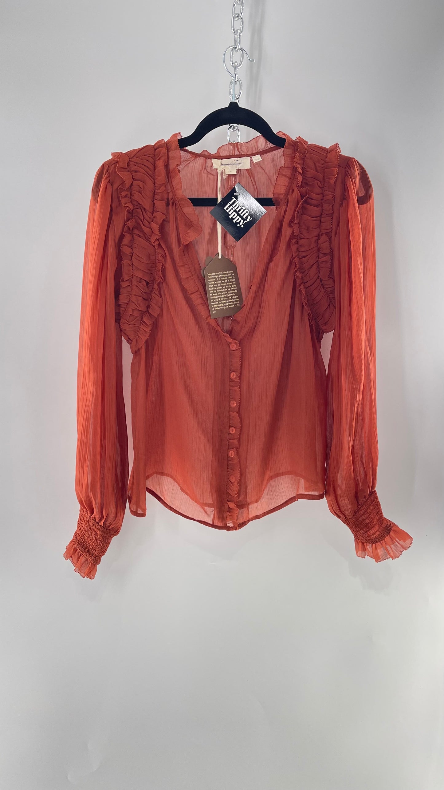 Forever That Girl Burnt Orange Shear Delicate Button Front Top with Pin Tuck Shoulder Detail and Balloon Smocked Sleeve (Medium)