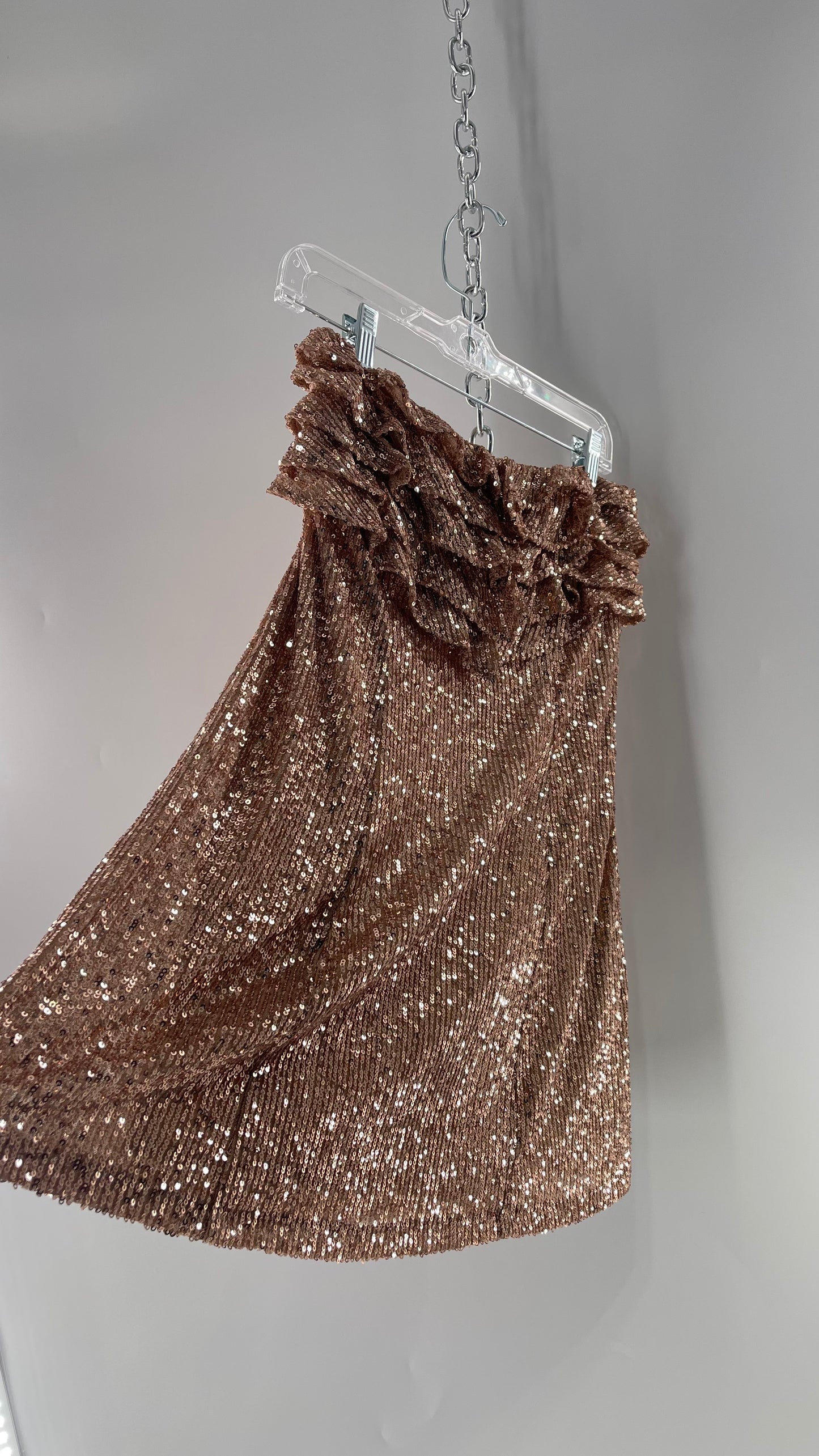 Free People Rose Gold Sequin Mini Dress with Ruffled Bust and Statement Back Zipper (4)