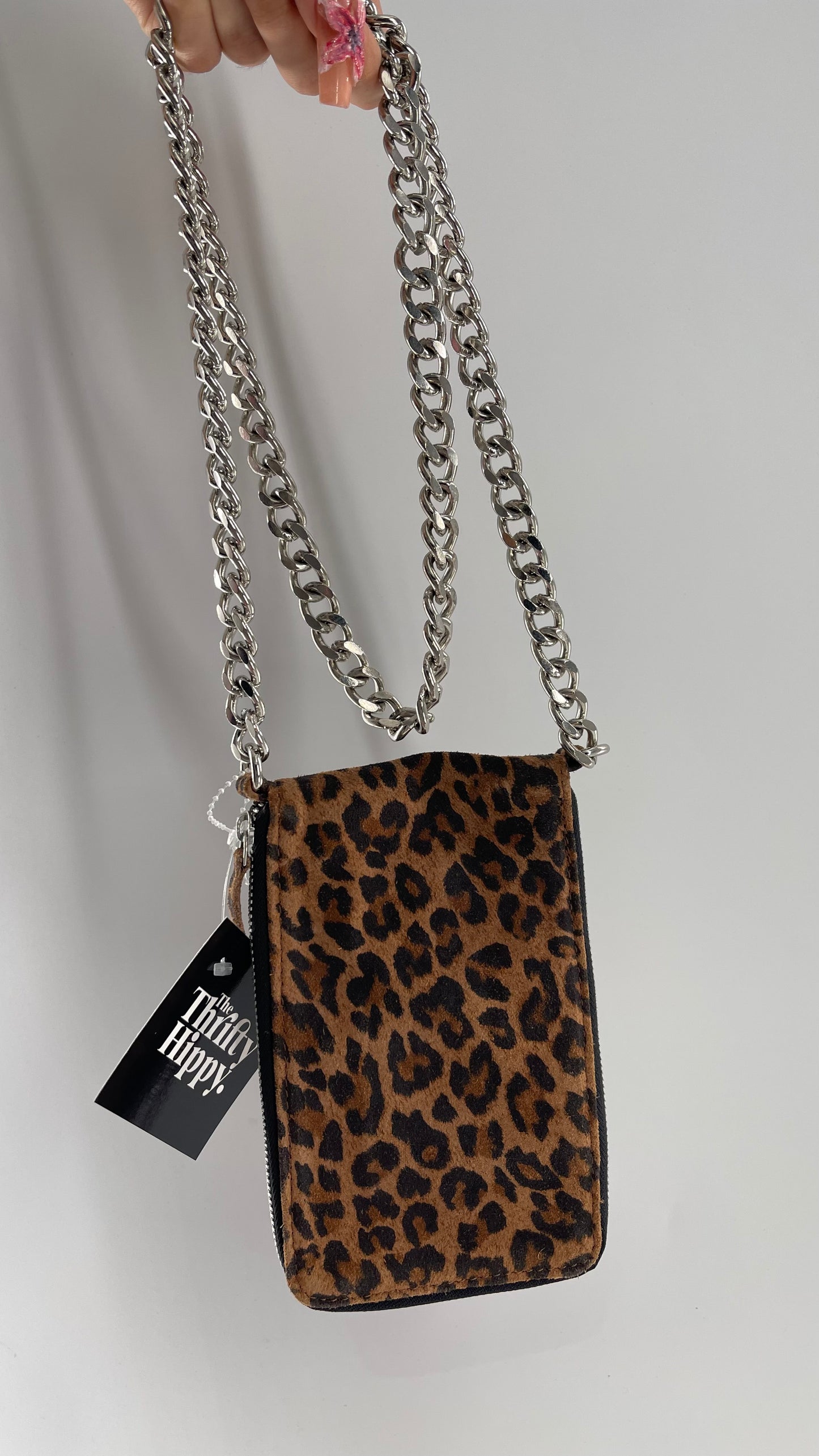 Free People Cheetah Suede Leather Phone/Card Pouch with Heavy Metal Chain