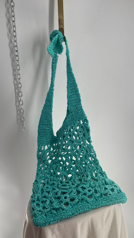 Turquoise Blue Straw Flower Tote Bag