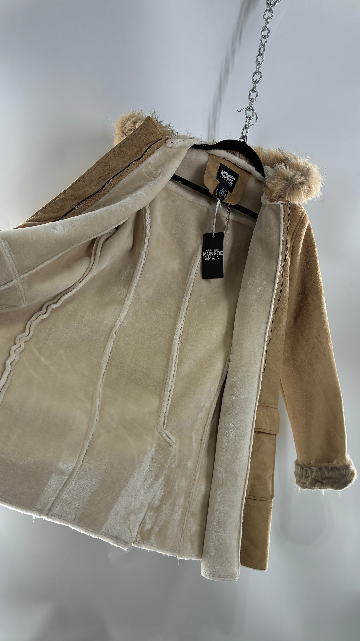 Deadstock Vintage MONROE AND MAIN Vegan Suede Coat with Fur Cuffs and Hood, Tags Attached (Medium)