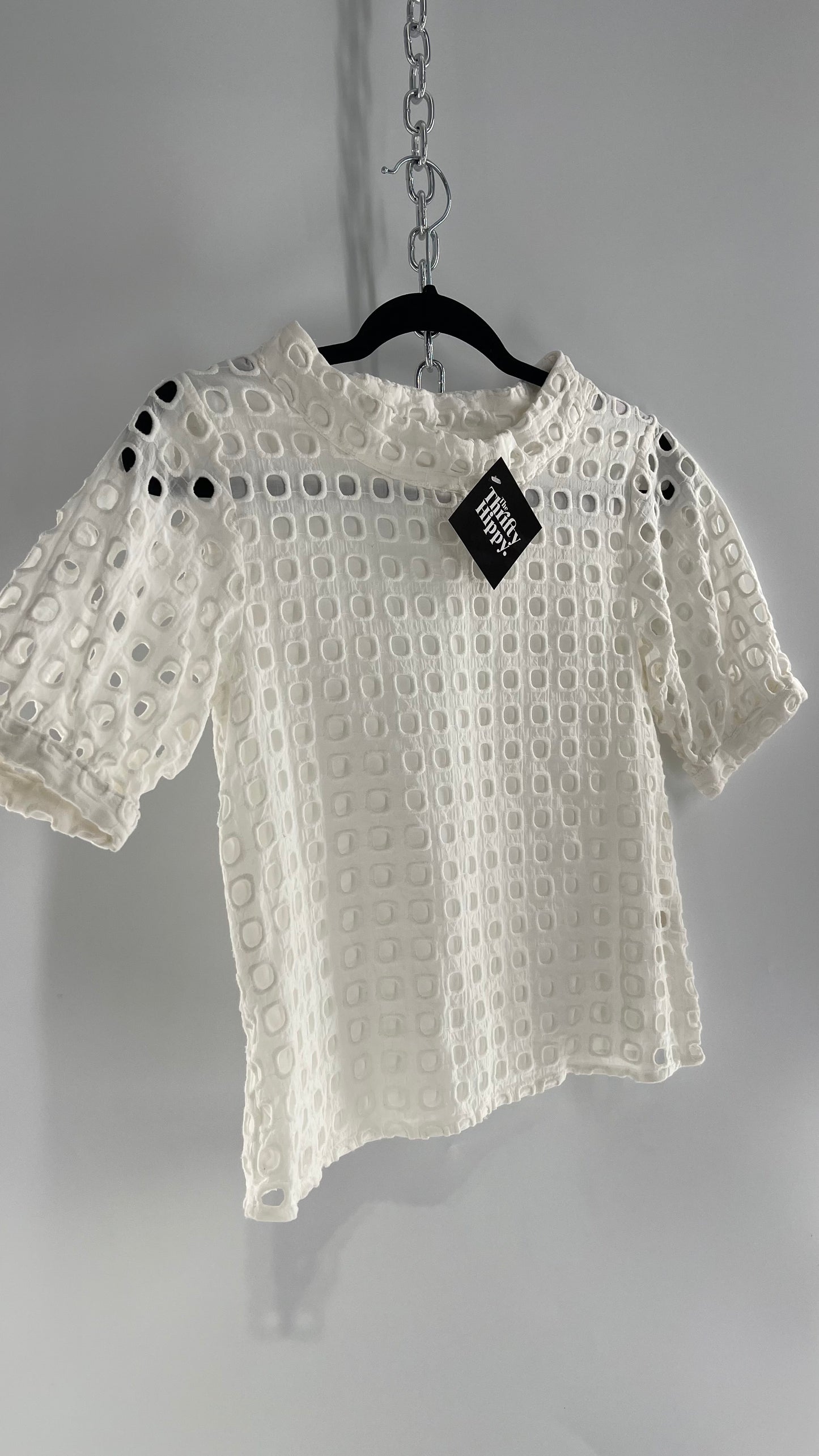 Anthropologie Wolven White Puff Sleeve Open Square Embroidery Layered Blouse (4)