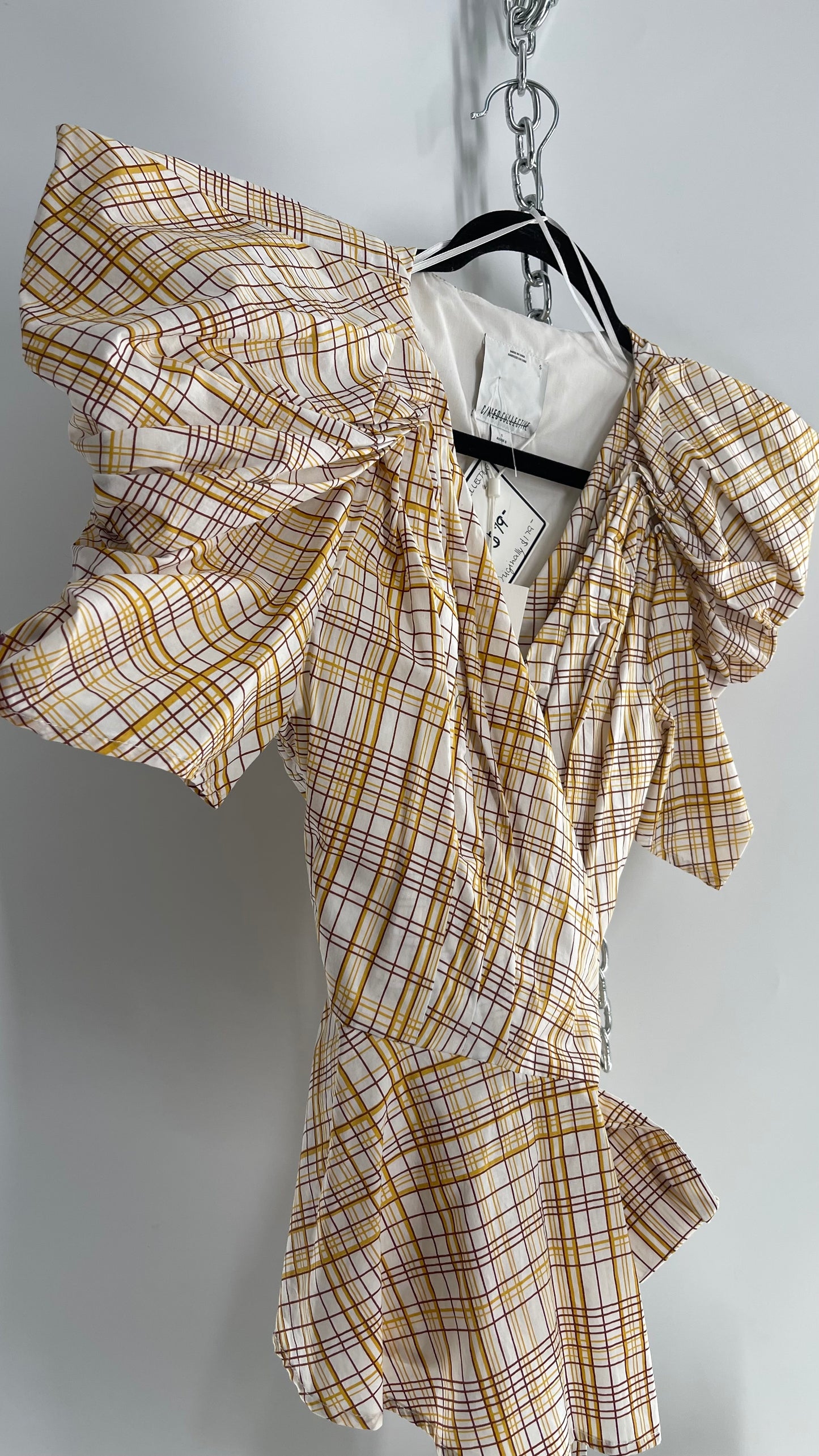 C/MEO Collective Plaid Puff Sleeve Peplum with Tags Attached (S)